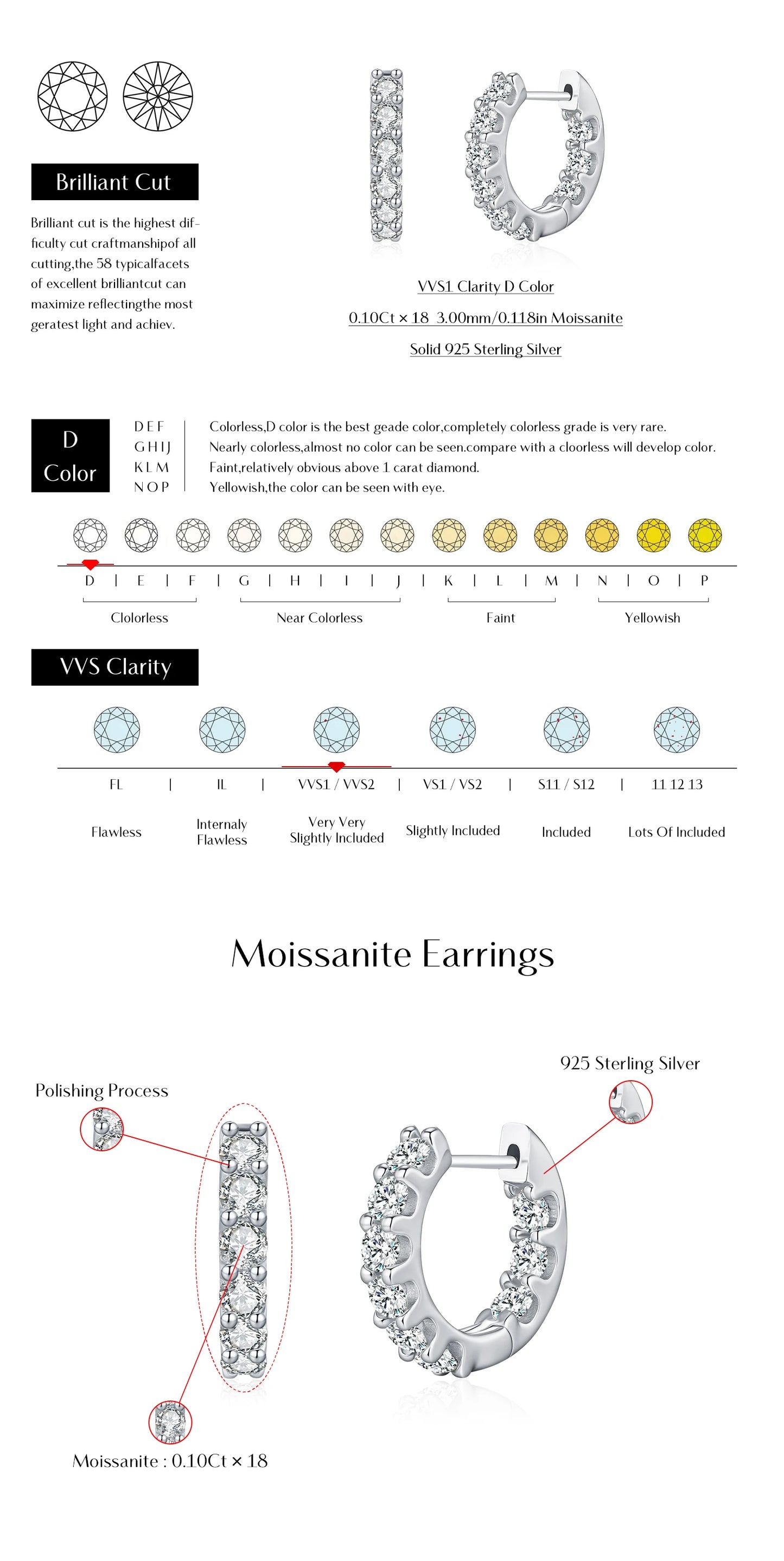 MODIAN D Color Round Moissanite Ear Buckle 925 Sterling Silver Classic Simple Hoop Earrings For Women Party Fine Jewelry Gifts