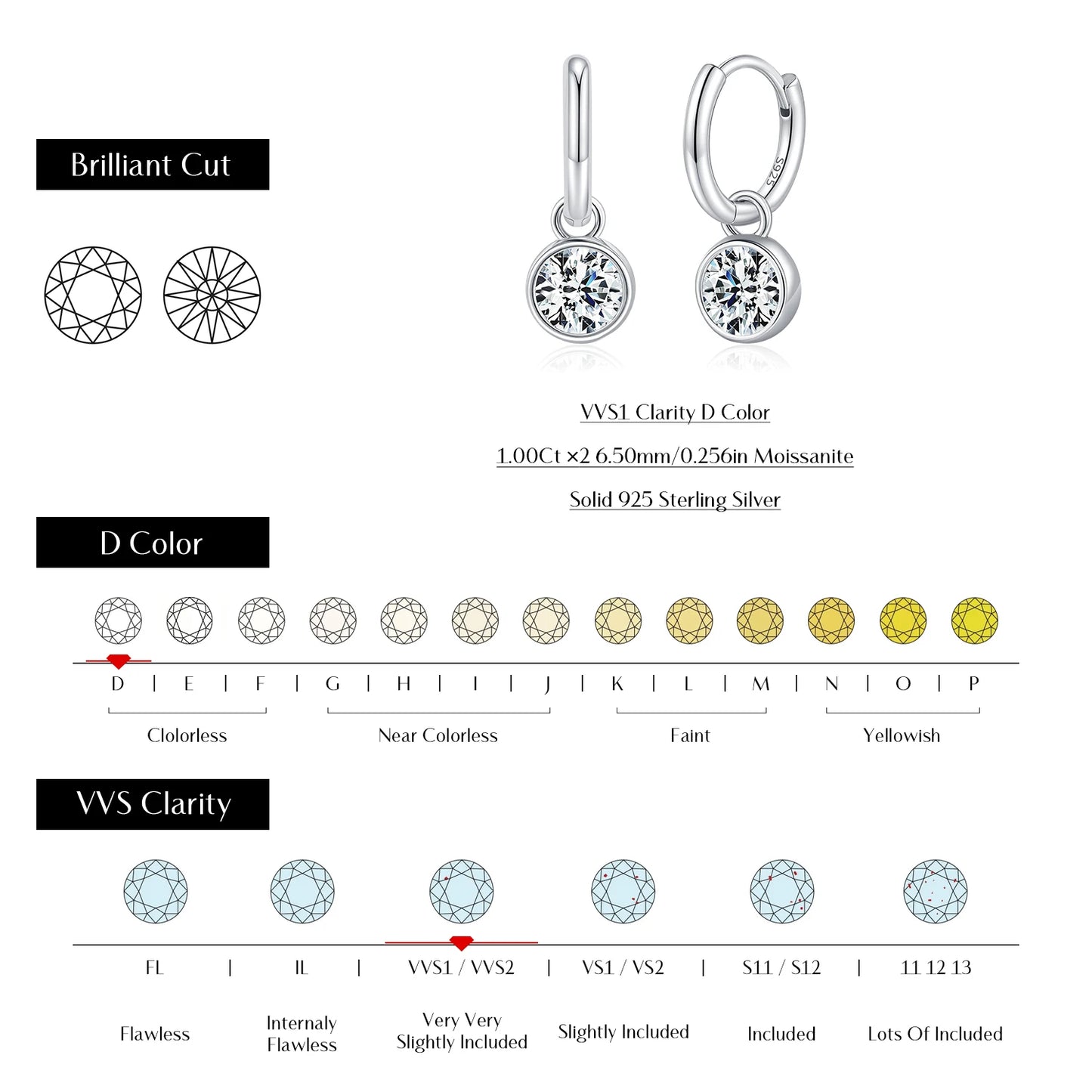 MODIAN 1CT/2CT D Color Moissanite Ear Buckle 925 Sterling Silver Round High Swing Hoop Earrings For Women Daily Fine Jewelry