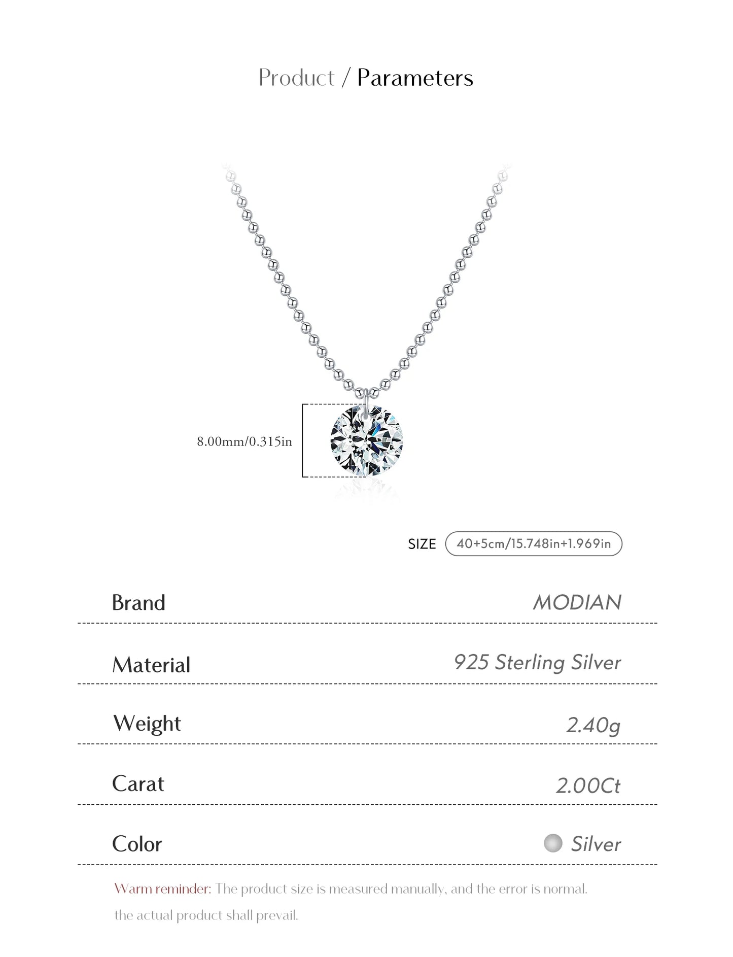 MODIAN D Color Moissanite Necklaces 925 Sterling Silver Trendy Beads Necklace Stackable Pendant Necklace For Women Fine Jewelry