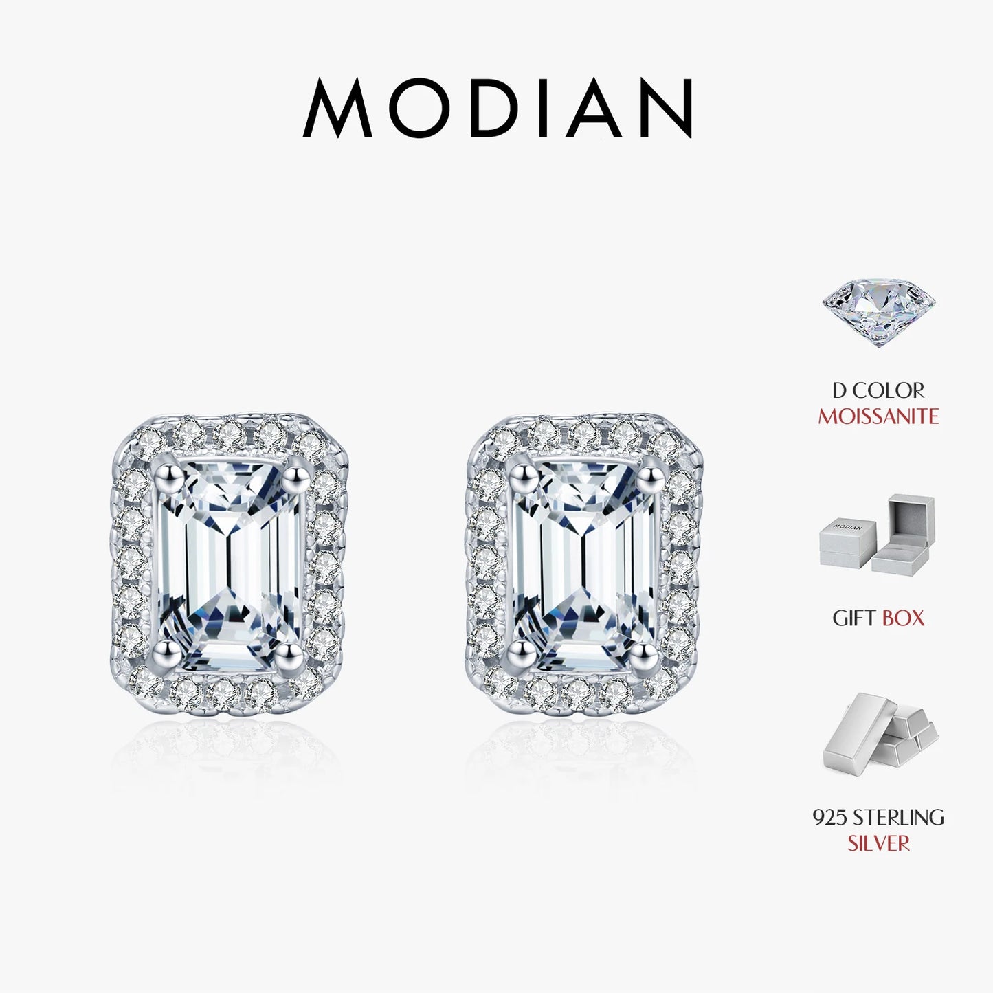 MODIAN Emerald Cut Moissanite Ear Studs 925 Sterling Silver Classic Luxury Halo Earrings For Women Wedding Fine Jewelry Gift