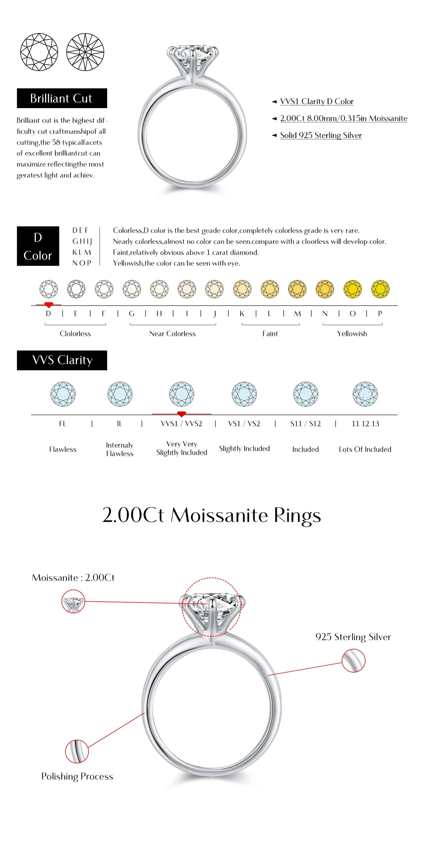 MODIAN 2ct D Color VVS1 Clarity Moissanite 925 Sterling Silver Dazzling Classic Crown Rings For Women Wedding Fine Jewelry