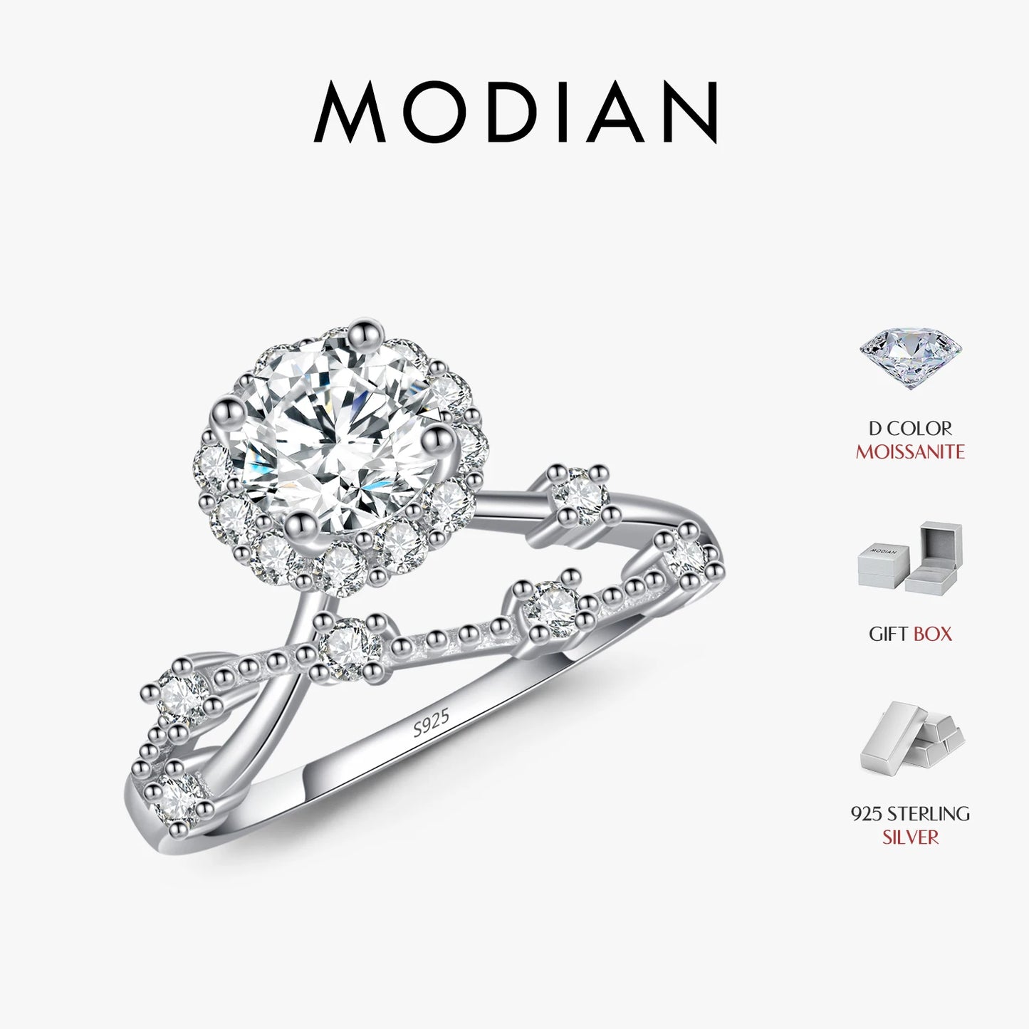 MODIAN Moissanite Ring Delicate Lab Diamond Halo Ring 925 Sterling Silver Crown Luxury Rings for Women Wedding Fine Jewelry