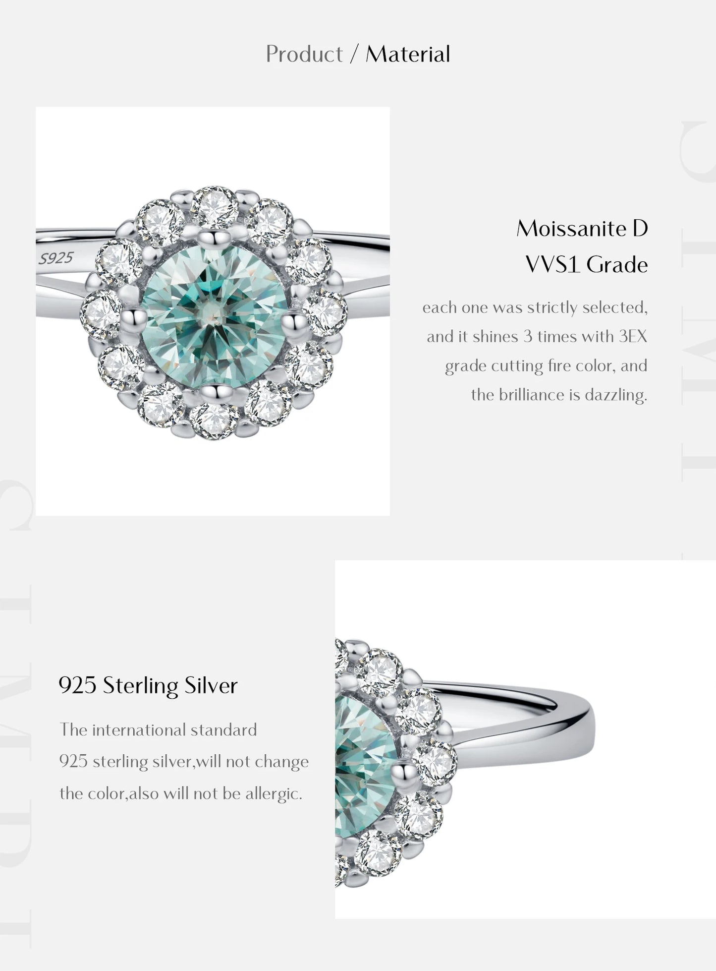 MODIAN D Color Green Teal Moissanite Halo Ring 925 Sterling Silver Trendy Elegant Finger Rings For Women Wedding Fine Jewelry