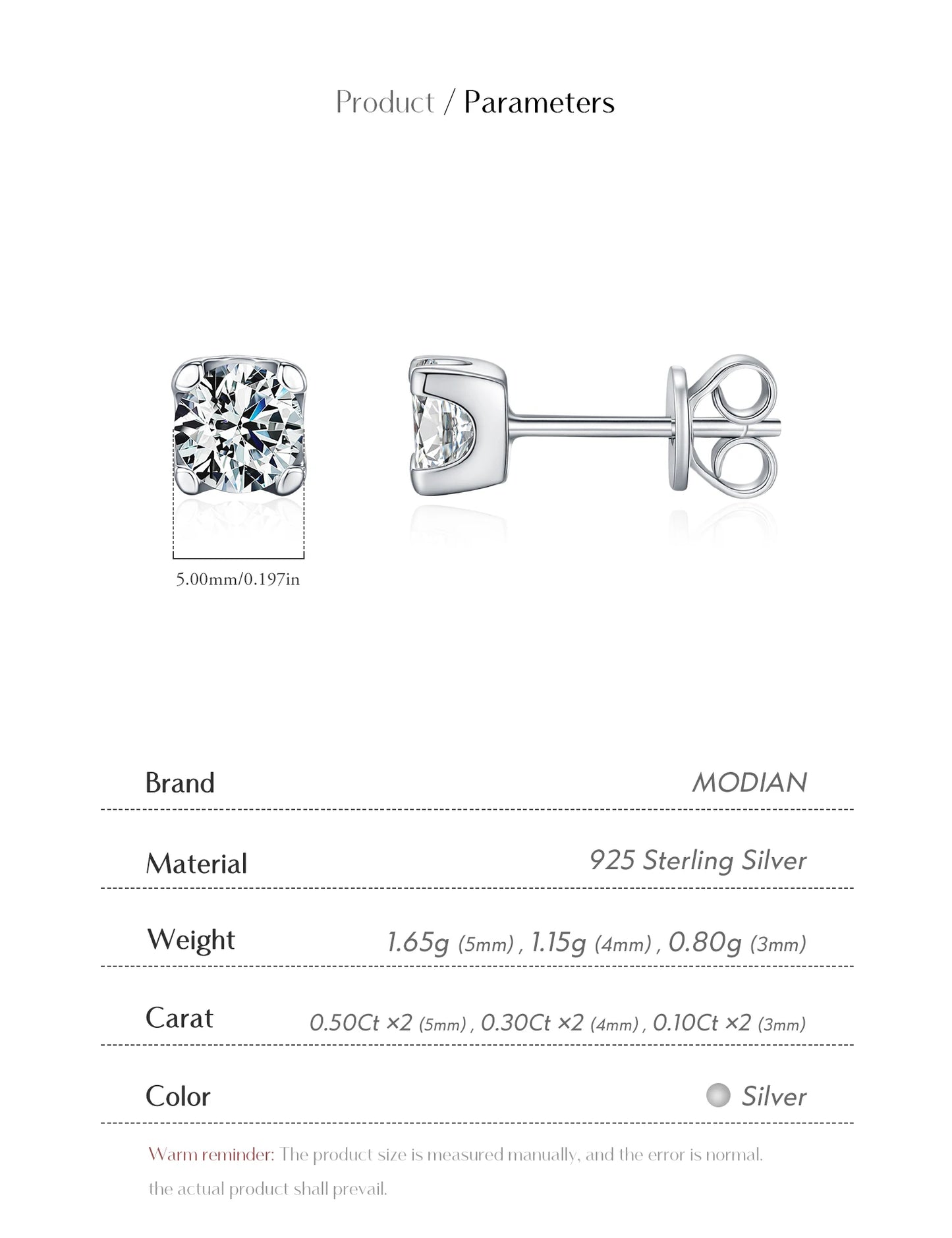 MODIAN 3MM-5MM Size D Color Moissanite 925 Sterling Silver Classic Simple Round Stud Earrings For Women Fine Stackable Jewelry