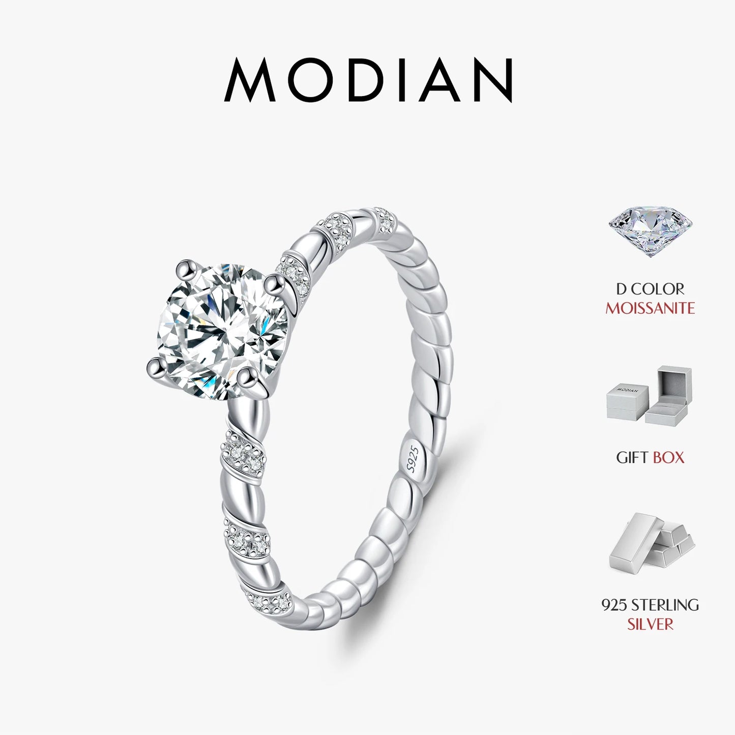 MODIAN 1CT Moissanite 925 Sterling Silver Sparkling Twist Lab Created Diamond Wedding Band Rings For Women Bridal Fine Jewelry