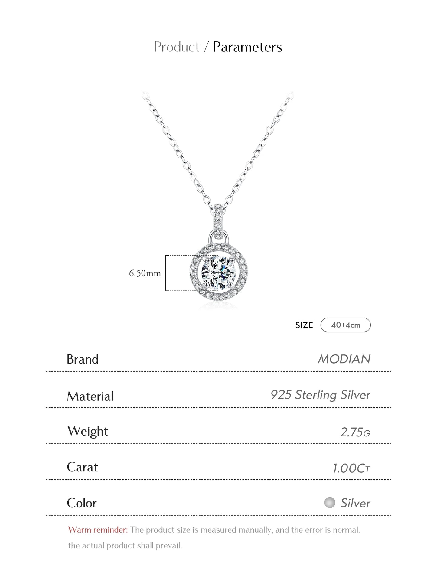 MODIAN 1 Carat D color Moissanite Pendant Necklace For Women 925 Sterling Silver Wedding Bridal Fine Jewelry With Certificate