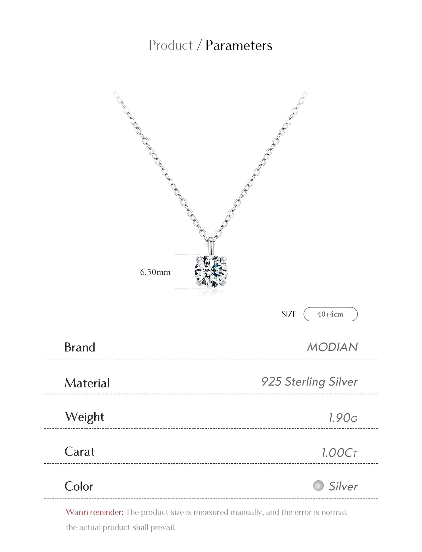 MODIAN 1CT Prong Setting Moissanite Necklace D color VVS1 Lab Diamond Pendant For Women 925 Sterling Silver Wedding Jewelry