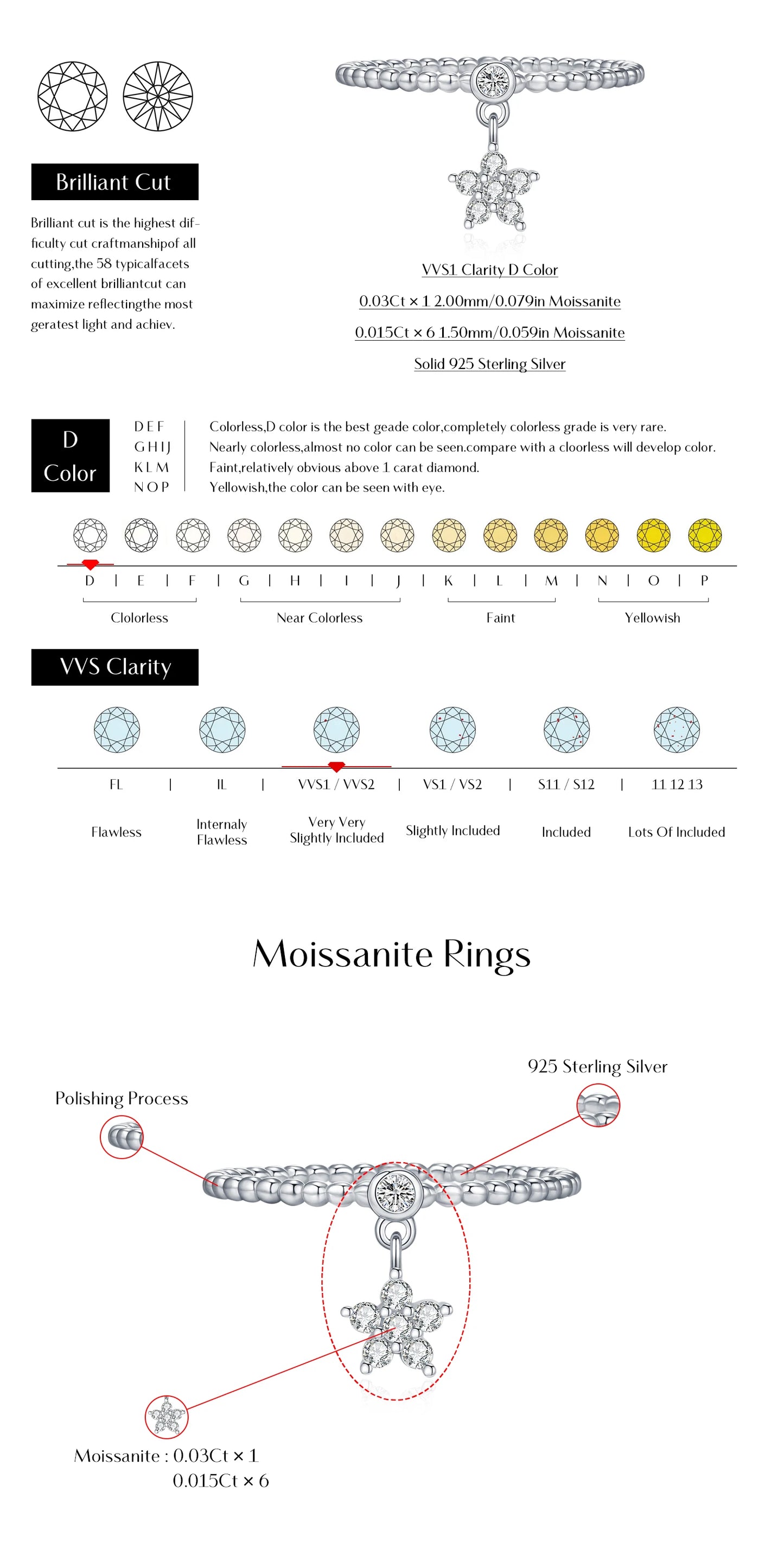 MODIAN D Color Flowers Moissanite Rings 925 Sterling Silver Beads Shiny Stars Swing Pendant Ring For Women Daisy Fine Jewelry