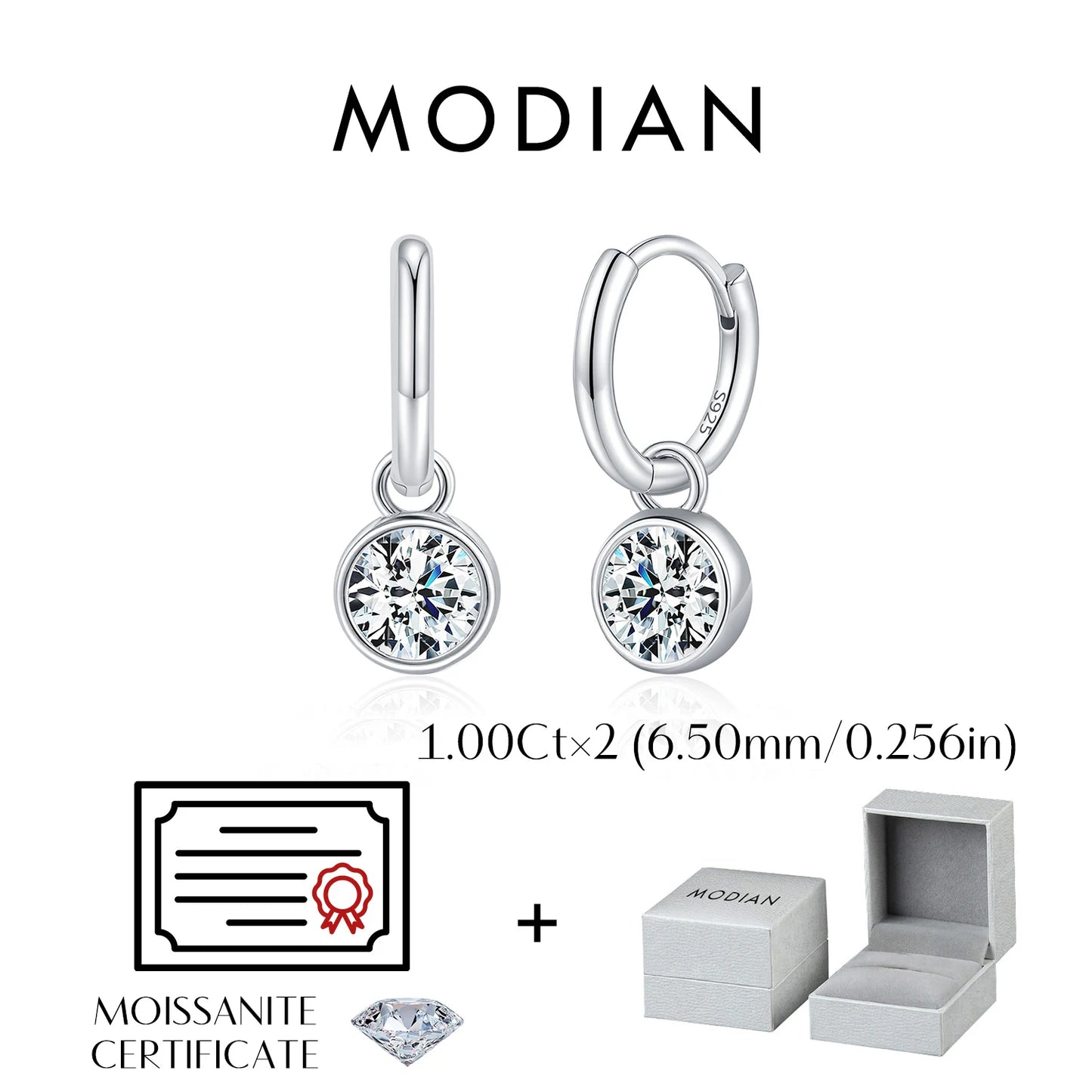 MODIAN 1CT/2CT D Color Moissanite Ear Buckle 925 Sterling Silver Round High Swing Hoop Earrings For Women Daily Fine Jewelry