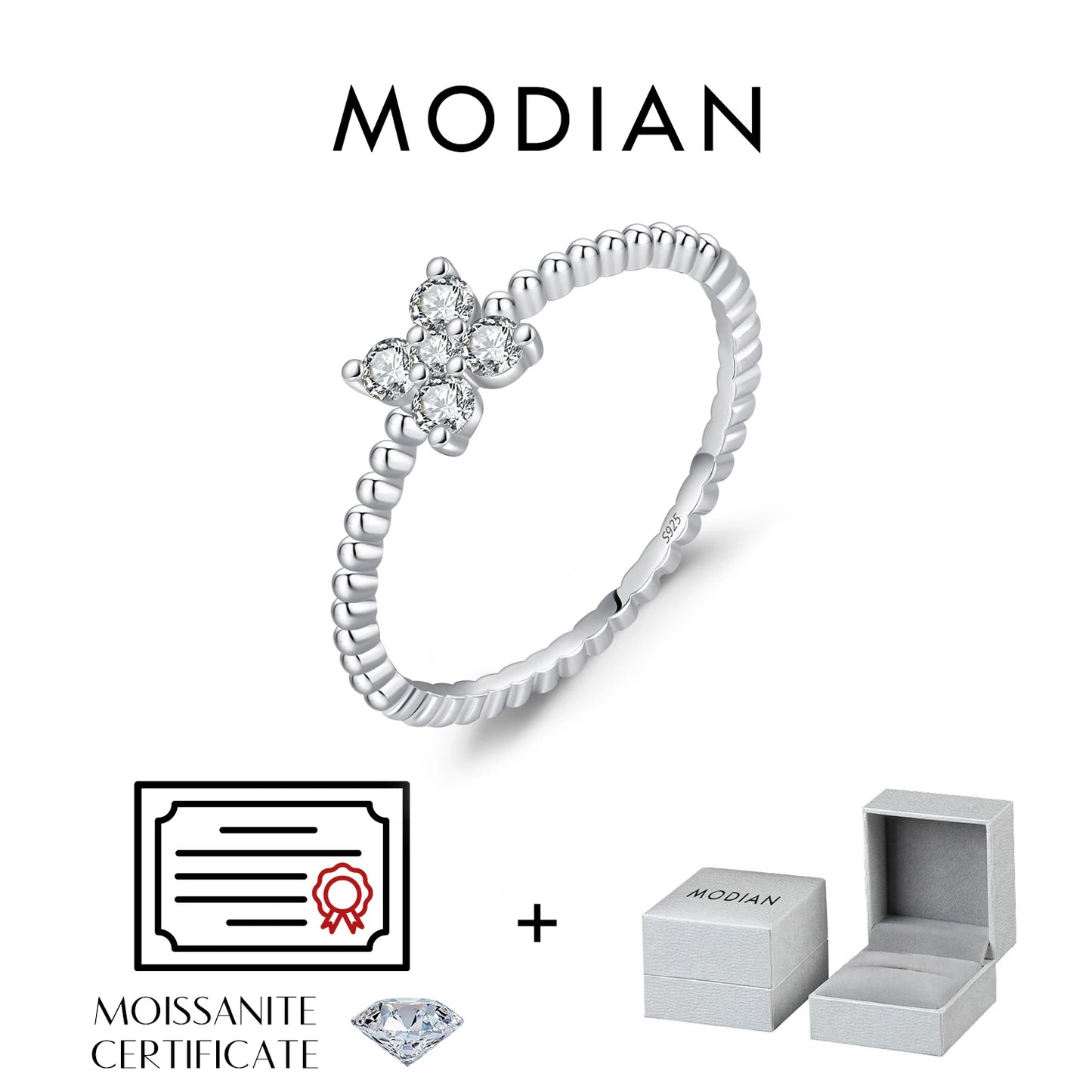 MODIAN Four Leaf Clover D Color Moissanite Ring 925 Sterling Silver Stackable Beads Trendy Finger Ring For Women Fine Jewelry