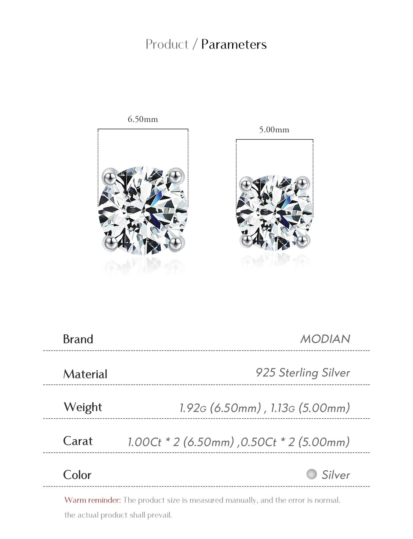 MODIAN 1.00Ct 2.00Ct Moissanite D Color Lab Diamond Stud Earrings For Women 925 Sterling Silver Basic Design Wedding Jewelry