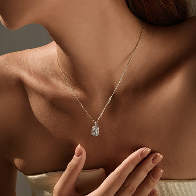 MODIAN 1CT D Color Emerald Cut Moissanite Halo Necklace 925 Sterling Silver Rectangle Wedding Pendant Necklace For Women Jewelry
