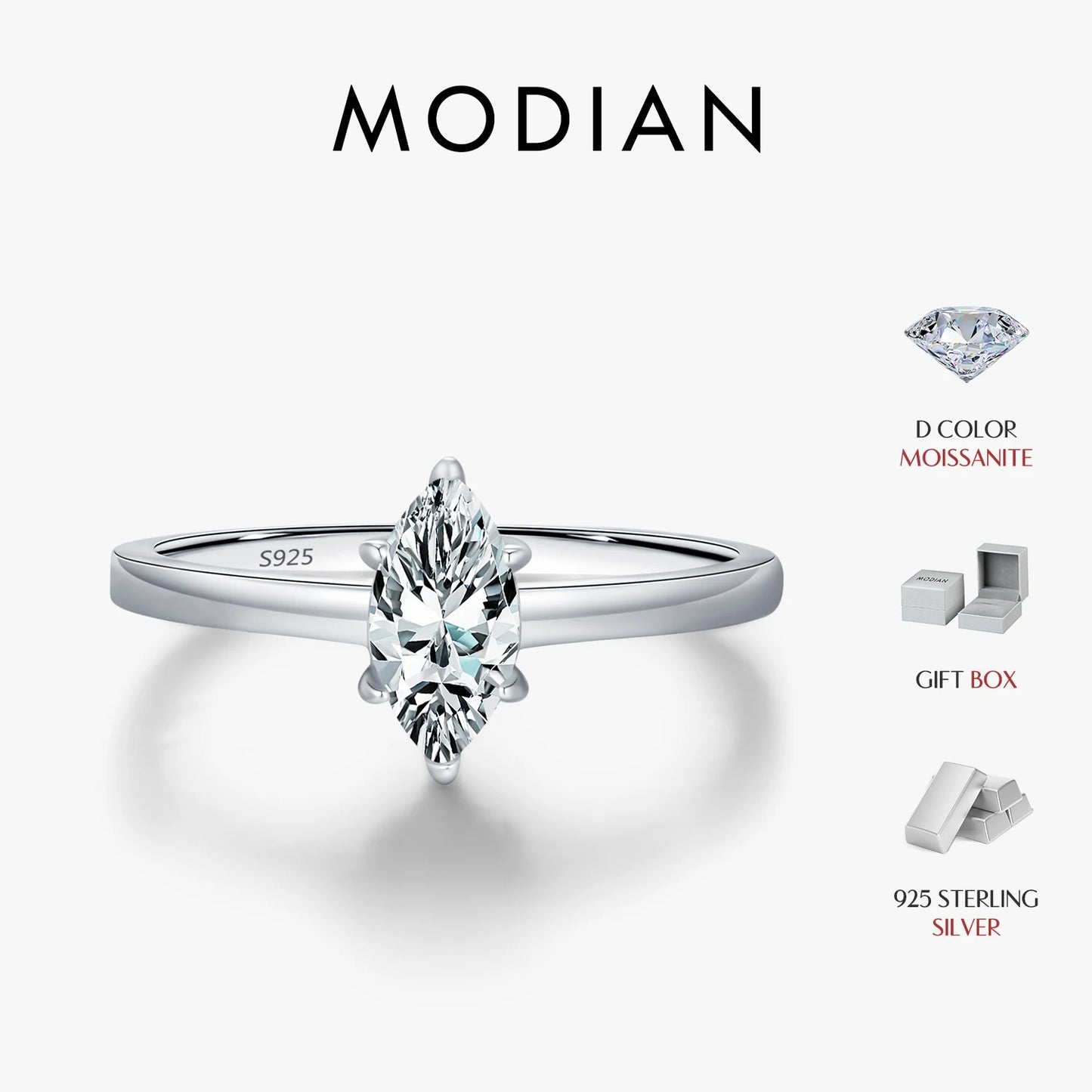 MODIAN D Color Marquise Cut Rhombic Moissanite 925 Sterling Silver Luxury  Band Rings For Women Wedding Fine Jewelry Gifts
