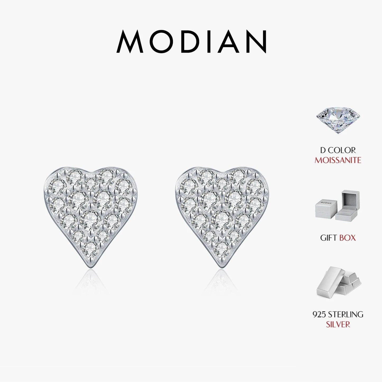 MODIAN D Color Moissanite Simple Daily Wear Ear Studs 925 Sterling Silver Heart Small Stud Earrings For Women Fine Party Jewelry