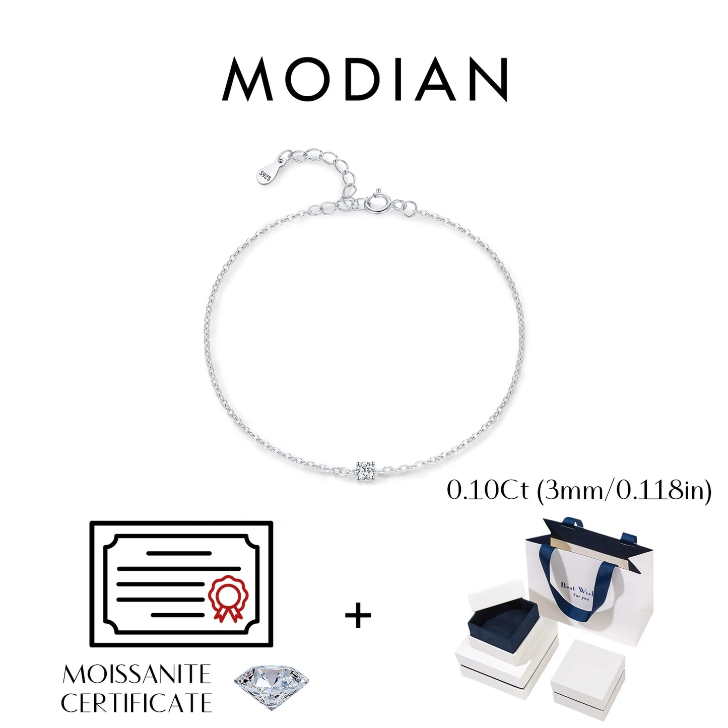 MODIAN D Color Moissanite Bracelet 925 Sterling Silver Classic Minimalist Daily Link Chain Bracelet For Women Fine Jewelry