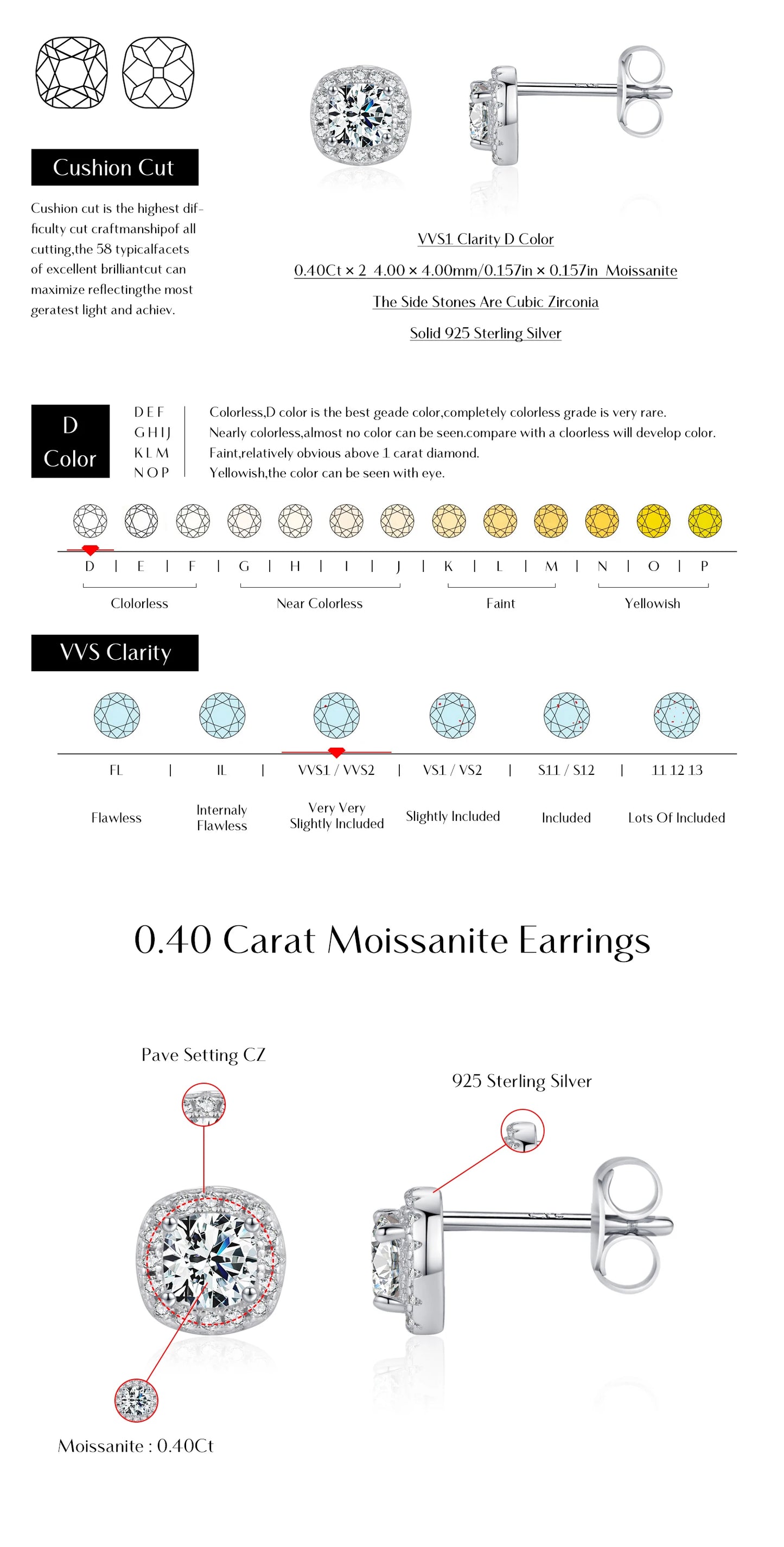 MODIAN D Color Moissanite Stud Earrings Brilliant Square Cut Lab Created Diamond 925 Silver Earrings For Women Wedding Jewelry