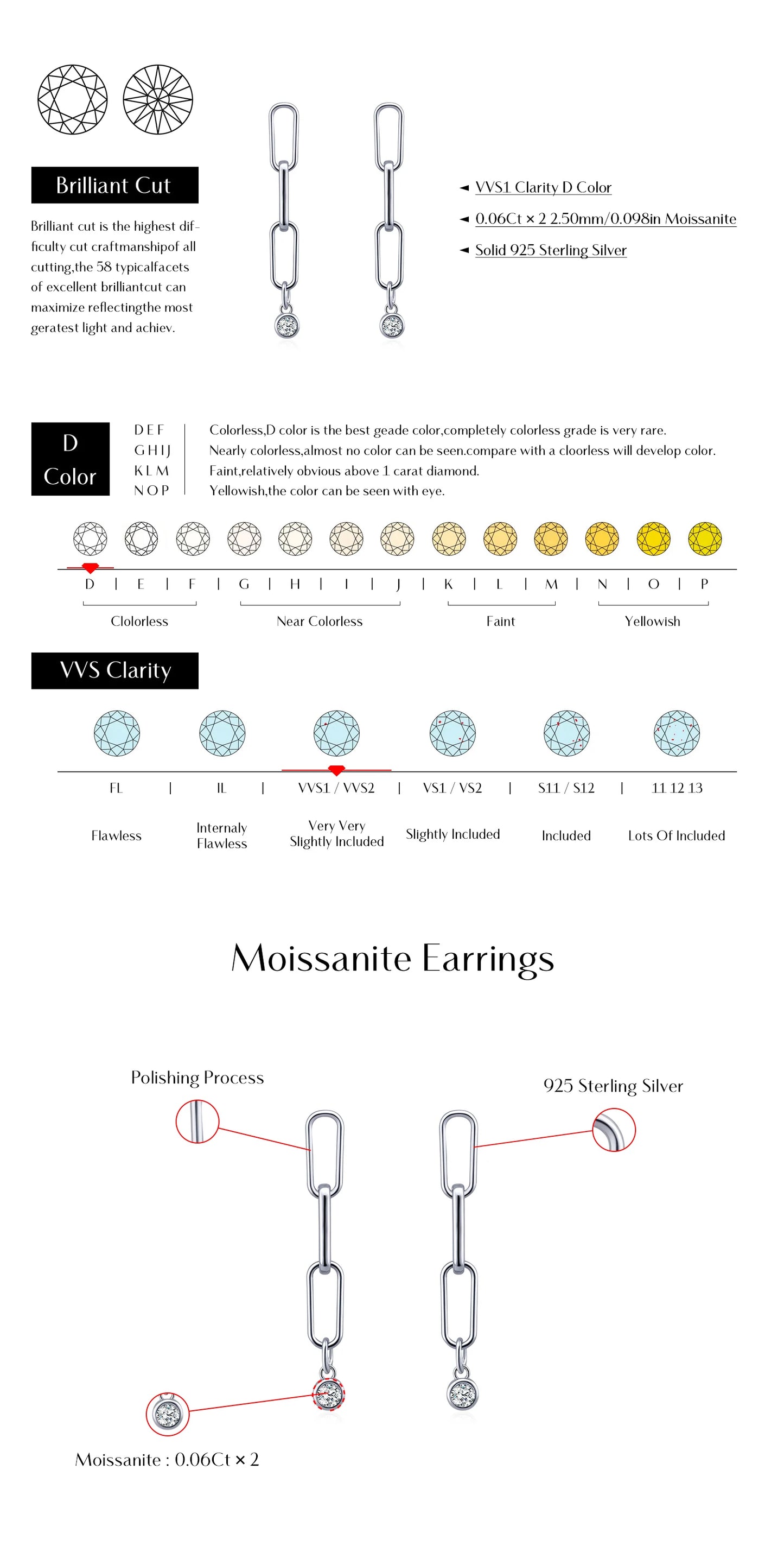 MODIAN VVS1 Clarity D Color Moissanite Earrings 925 Sterling Silver Fashion Link Chain Stud Earrings For Women Fine Jewelry