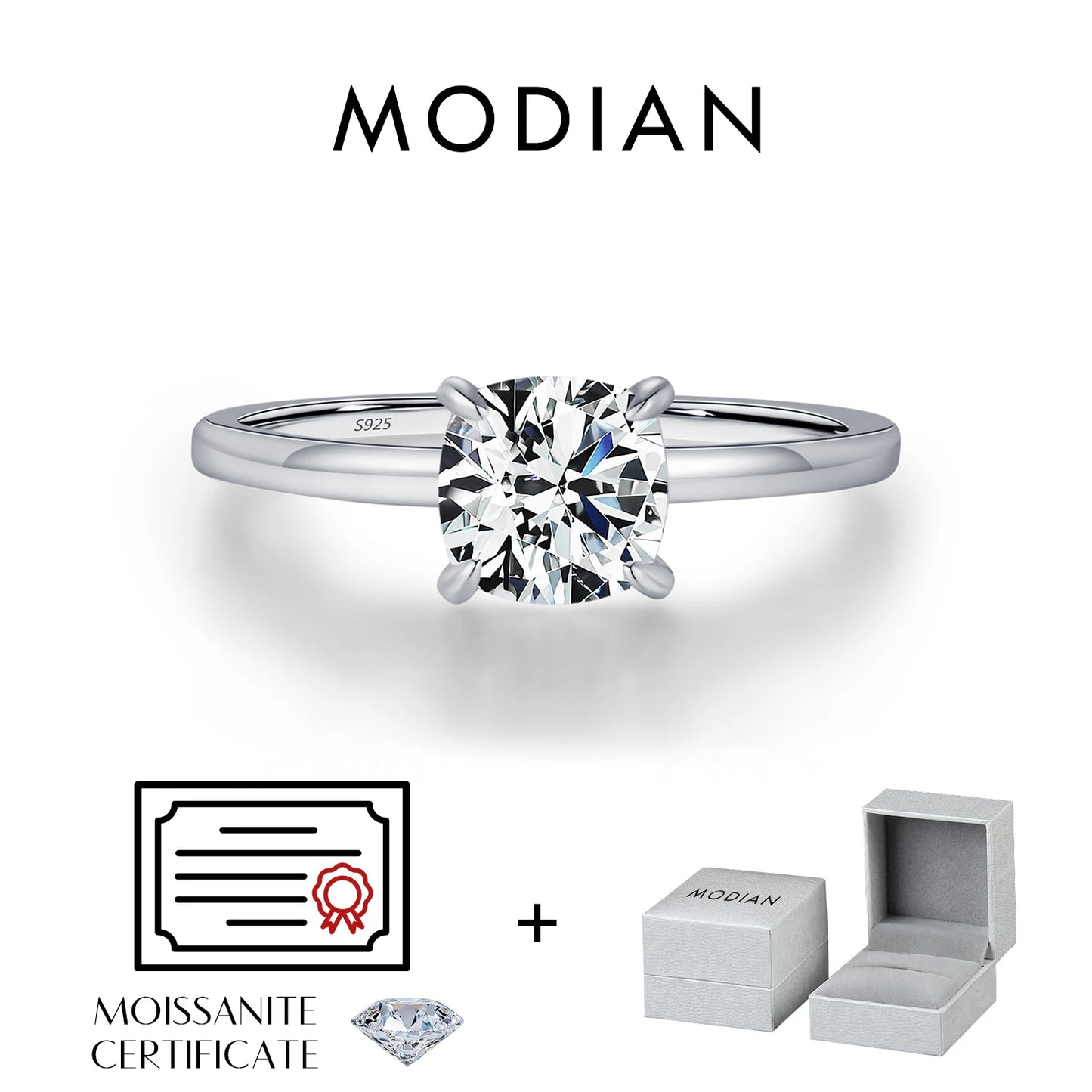 MODIAN 1CT Moissanite Ring Delicate Square Cushion Cut Lab Diamond Ring 925 Sterling Silver Wedding Statement Jewelry For Women