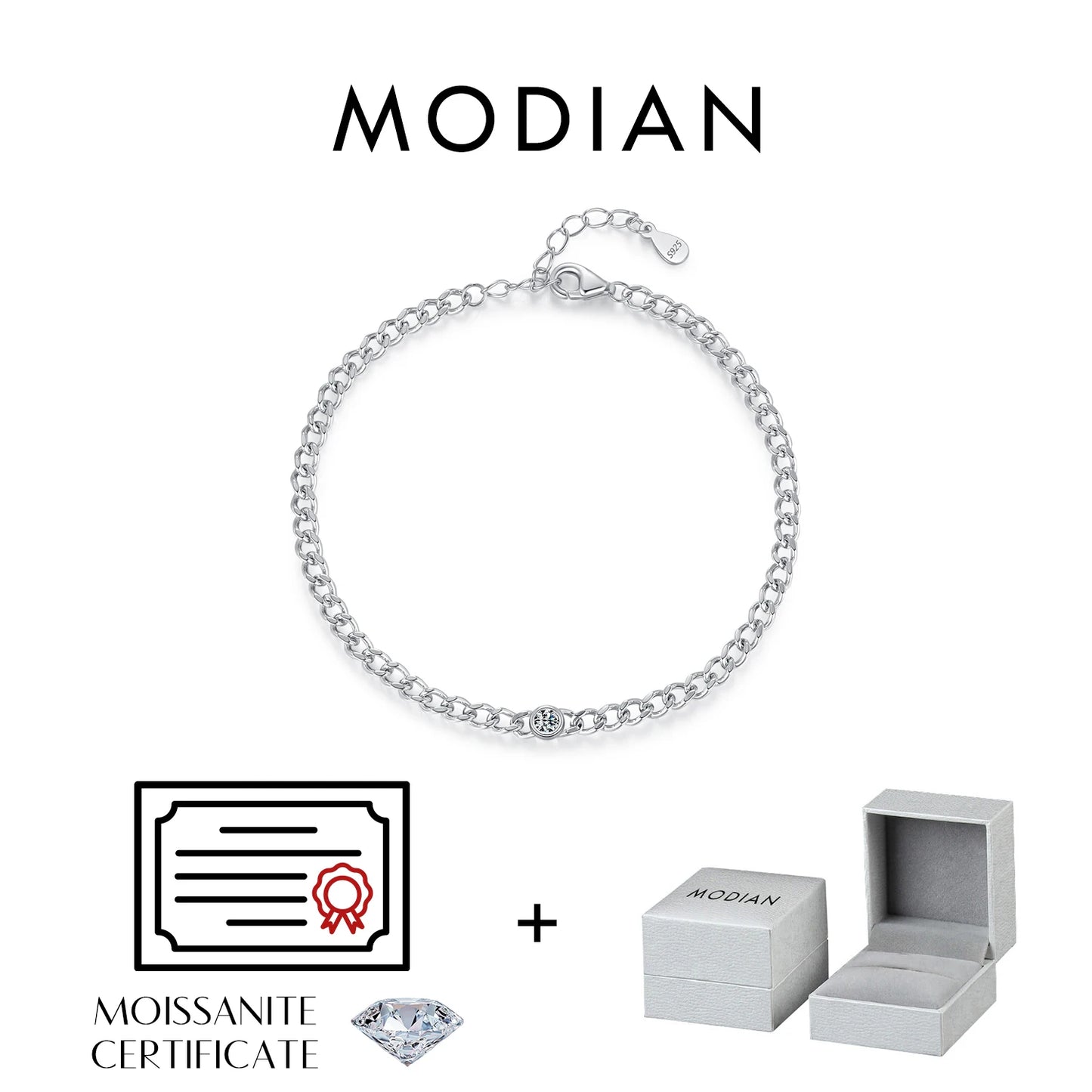 MODIAN D Color VVS1 Cearl Round Moissanite Bracelets 925 Sterling Silver Fashion Gourmette Link Chain Bracelet For Women Jewelry
