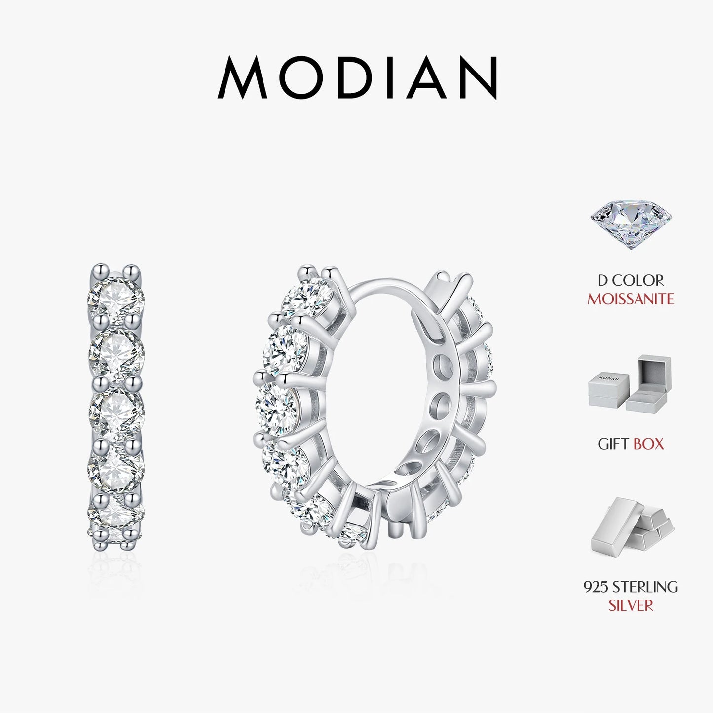 MODIAN D Color Sparkling Moissanite Ear Buckles Lab Diamond 925 Sterling Silver Luxury Hoop Earrings for Women Jewelry Gifts