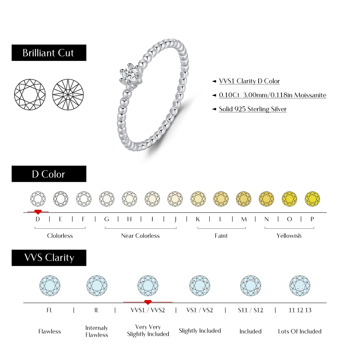 MODIAN D Color Round Moissanite Lab Diamond Rings 925 Sterling Silver Simple Classic Beads Stackable Ring For Women Jewelry
