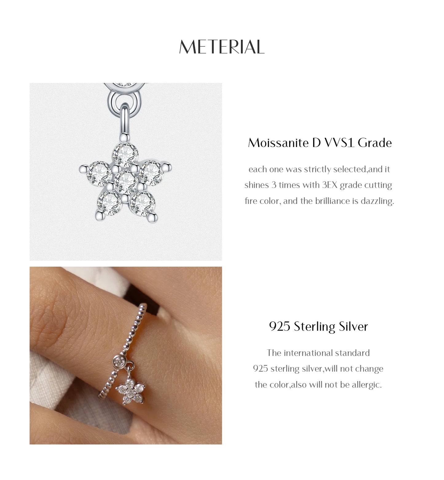 MODIAN D Color Flowers Moissanite Rings 925 Sterling Silver Beads Shiny Stars Swing Pendant Ring For Women Daisy Fine Jewelry