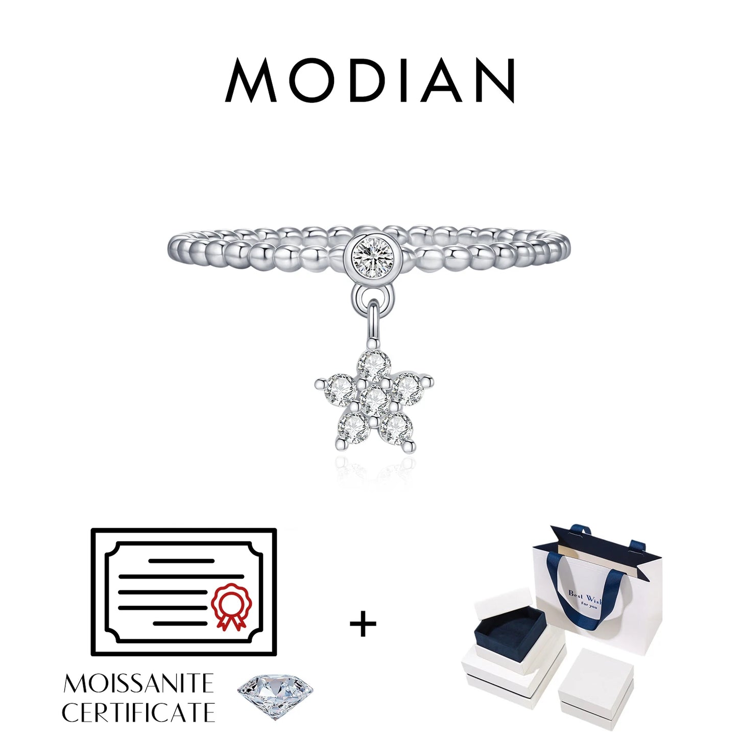 MODIAN D Color Flowers Moissanite Rings 925 Sterling Silver Beads Shiny Stars Swing Pendant Ring For Women Daisy Fine Jewelry