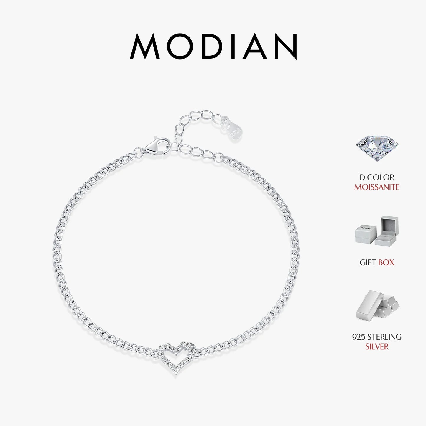 MODIAN D Color Pave Setting Moissanite Bracelets 925 Sterling Silver Romantic Heart Gourmette Bracelet For Women Jewelry Gifts