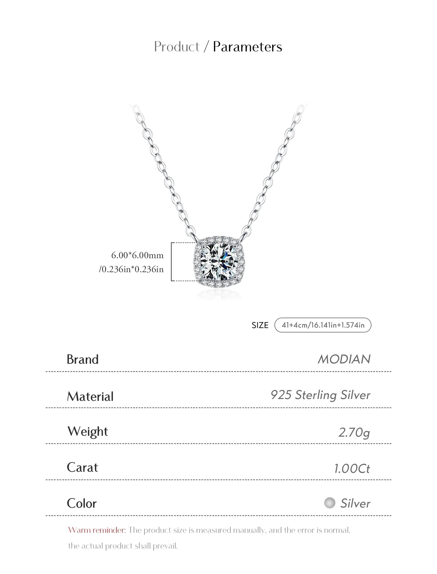 MODIAN 1 Carat Square Cushion Cut Halo Moissanite Pendant Necklace For Women 925 Sterling Silver Dazzling Wedding Bridal Jewelry
