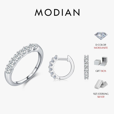 MODIAN D Color Moissanite 925 Sterling Silver Luxury Sparkle Geometric Hoop Earrings Ring For Women Wedding Fine Jewelry Set