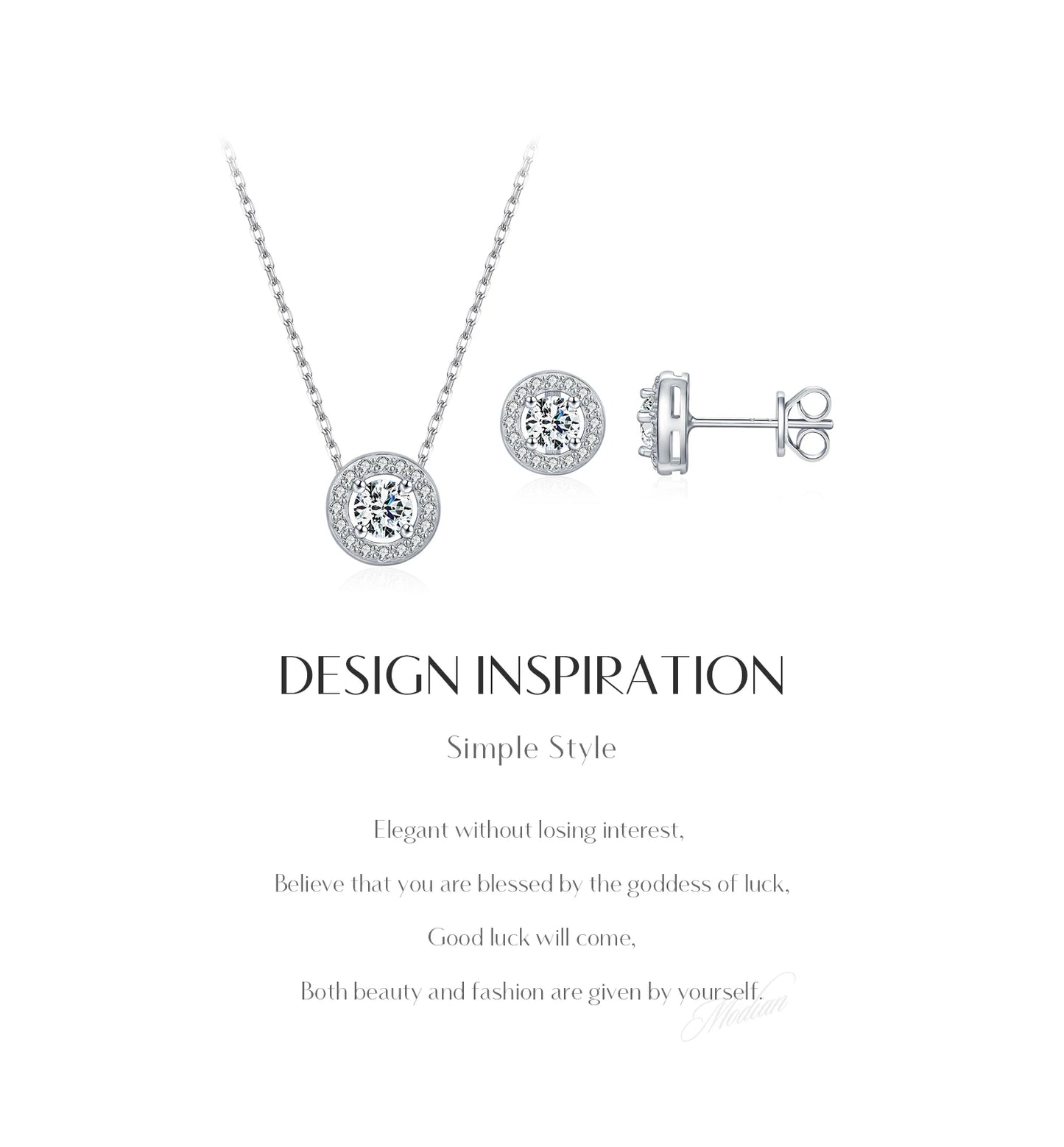 MODIAN Moissanite Sets 925 Sterling Silver Classic Round Halo Earrings Simple Link Chain Necklace For Women Bridal Jewelry Set