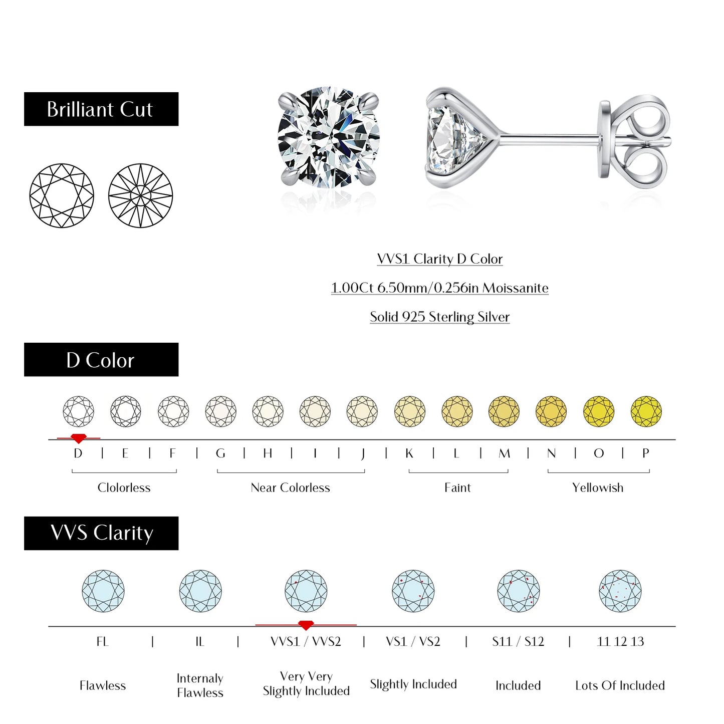 MODIAN D Color 1CT Moissanite Stud Earrings 925 Sterling Silver Wedding Engagement Lab Created Diamond Jewelry For Women Gift