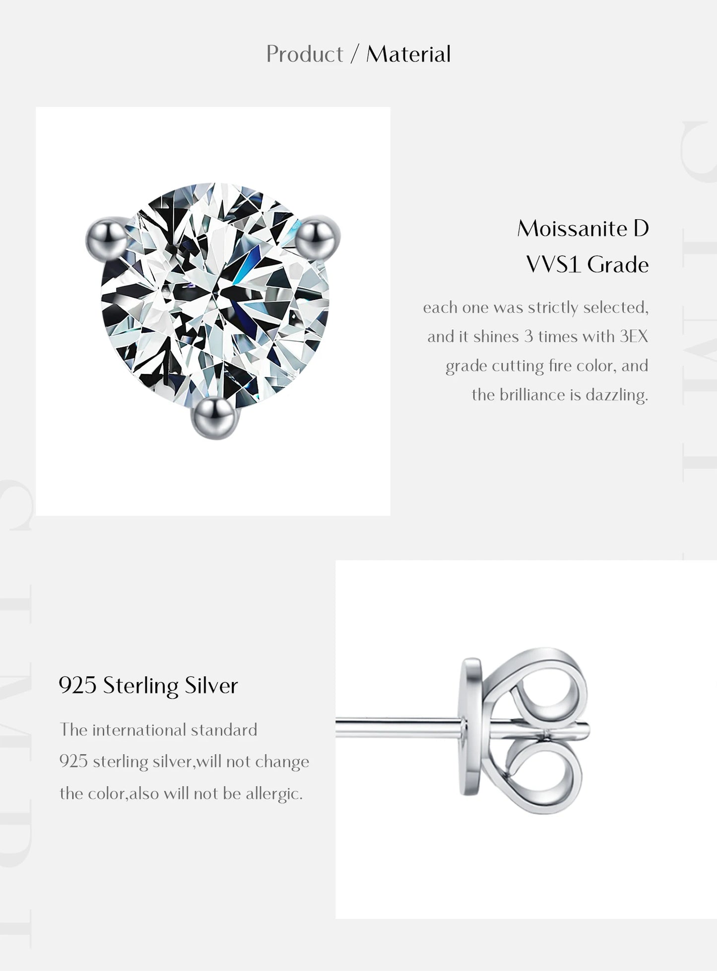 MODIAN D Color 1CT Moissanite Earrings 925 Sterling Silver Sparkling Three Prong Setting Stud Earrings For Women Wedding Jewelry