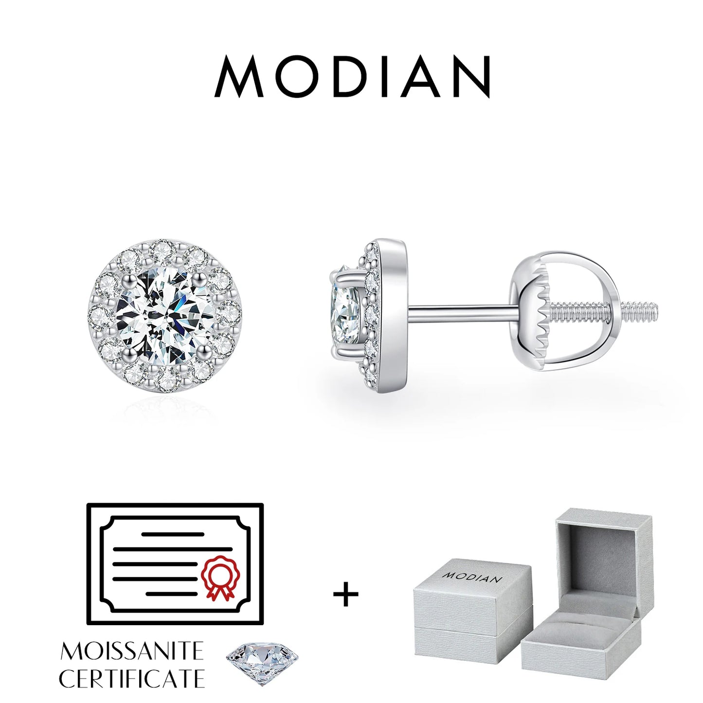 MODIAN 1.00CT Moissanite Earrings For Women 925 Sterling Silver Classic Round Prong Setting D Color Lab Diamonds Wedding Jewelry
