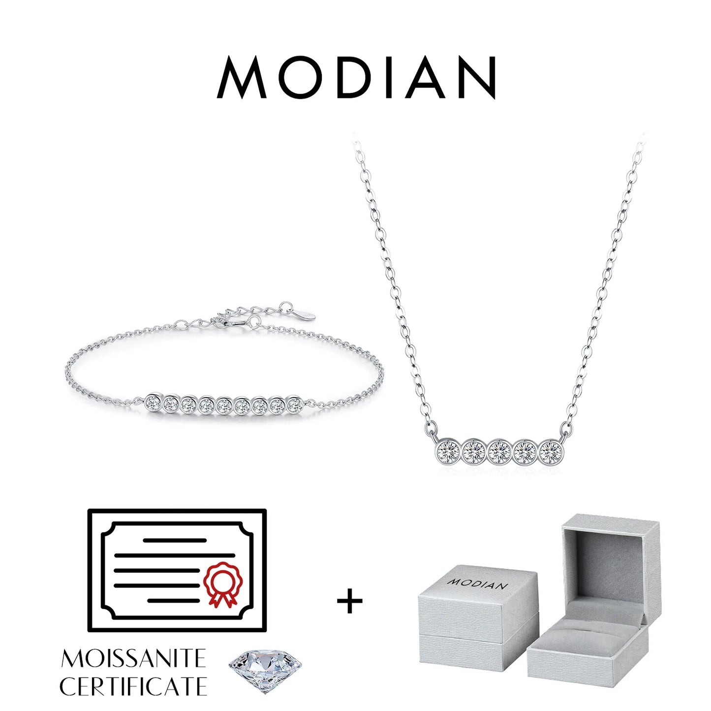 MODIAN D Color Moissanite Link Chain Pendant Necklace 925 Sterling Silver Trendy A Row Round Bracelet For Women Fine Jewelry Set