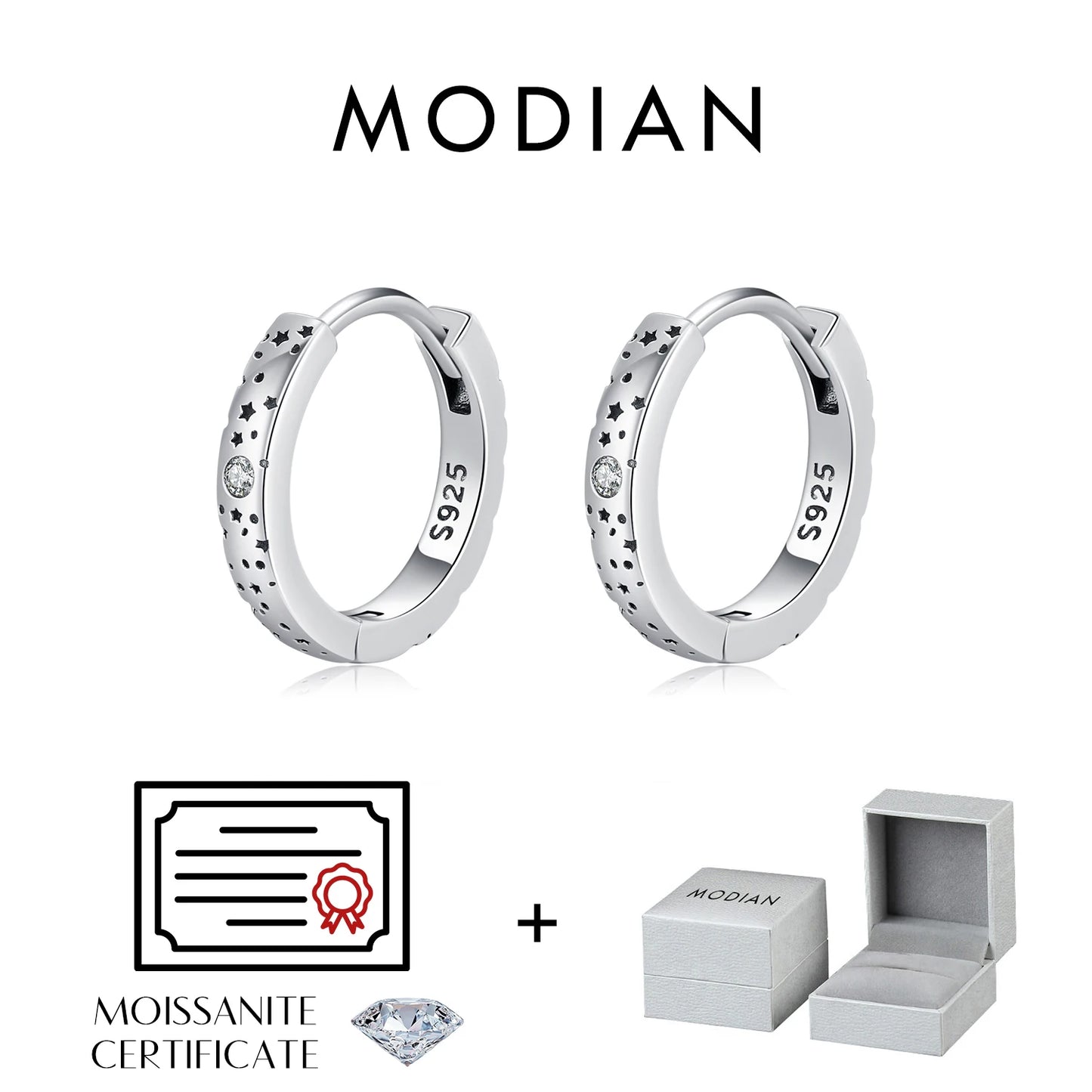 MODIAN D Color Moissanite Ear Buckles 925 Sterling Silver Sparkle Retro Hollow Stars Hoop Earrings For Women Fine Jewelry