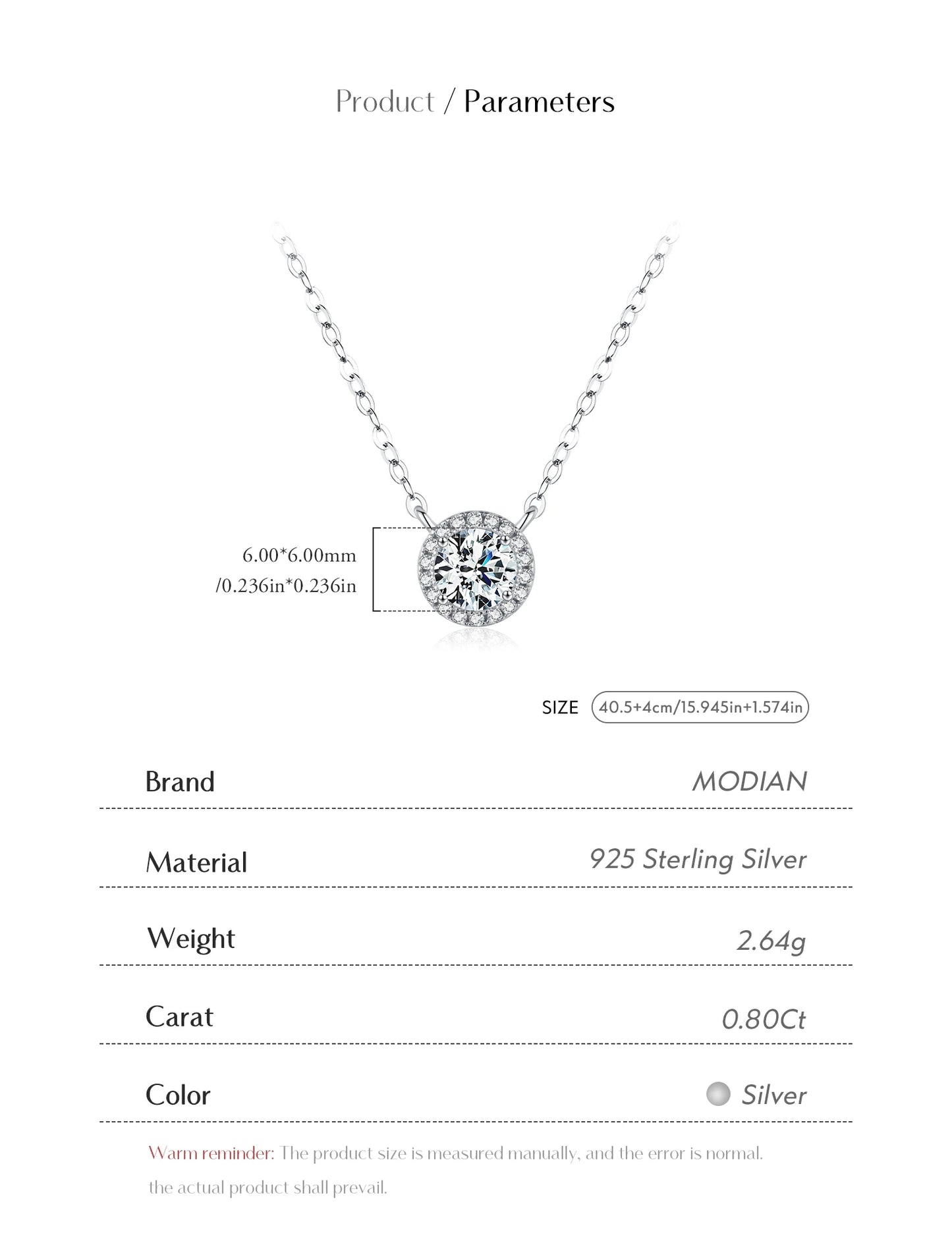 MODIAN 0.8 Carat D Color Classic Halo Moissanite Pendant Necklace 925 Sterling Silver Lab Diamond Wedding Jewelry For Women