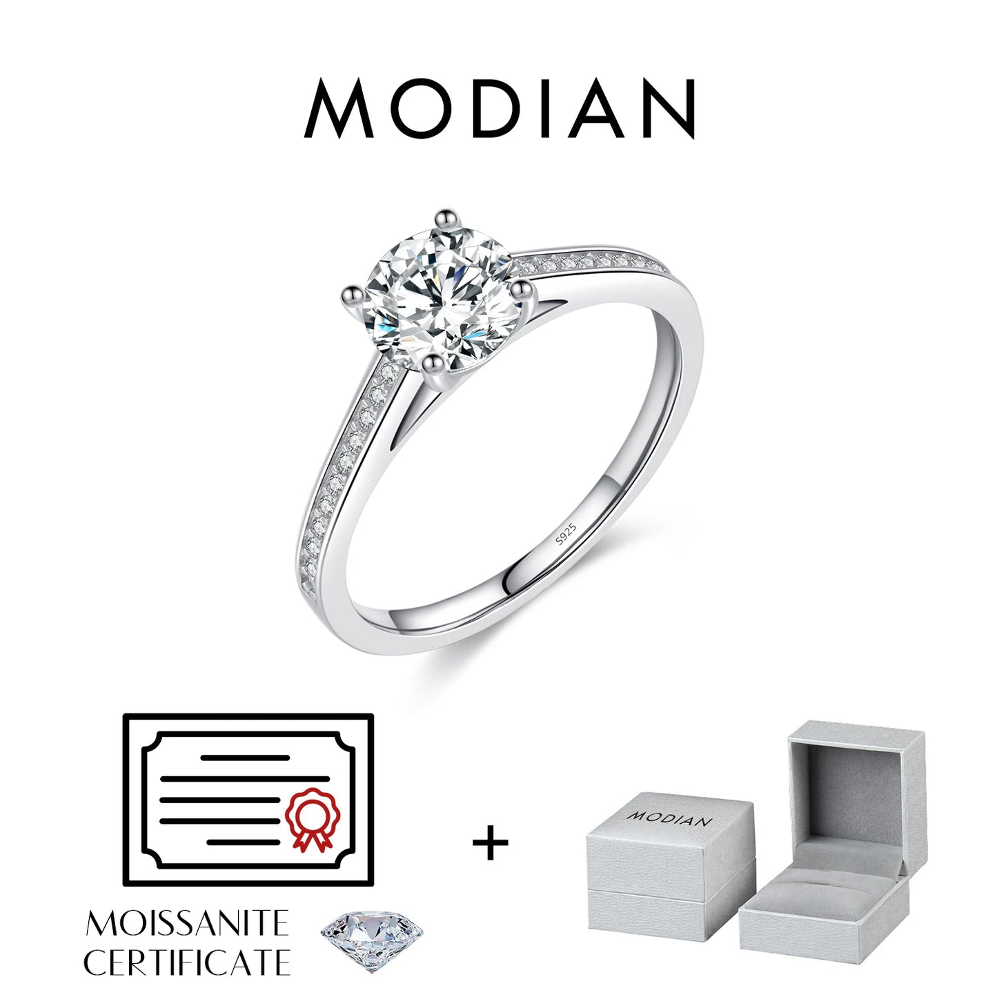 MODIAN D Color Lab Diamond 1CT Moissanite Ring For Women 925 Sterling Silver Classic Wedding Engagement Band Jewelry Gifts