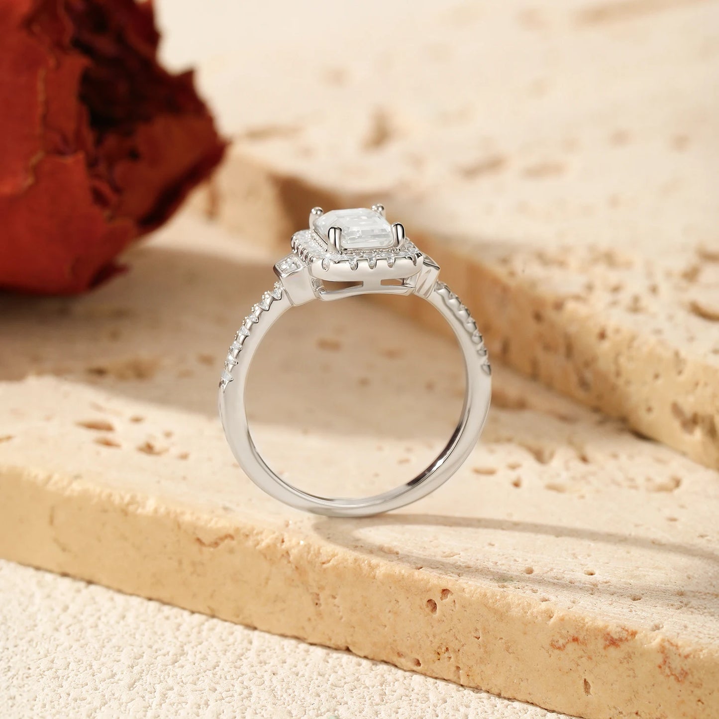 MODIAN 1CT Emerald Cut Moissanite Halo Rings 925 Sterling Silver Luxury Finger Rings For Women Wedding Statement Fine Jewelry