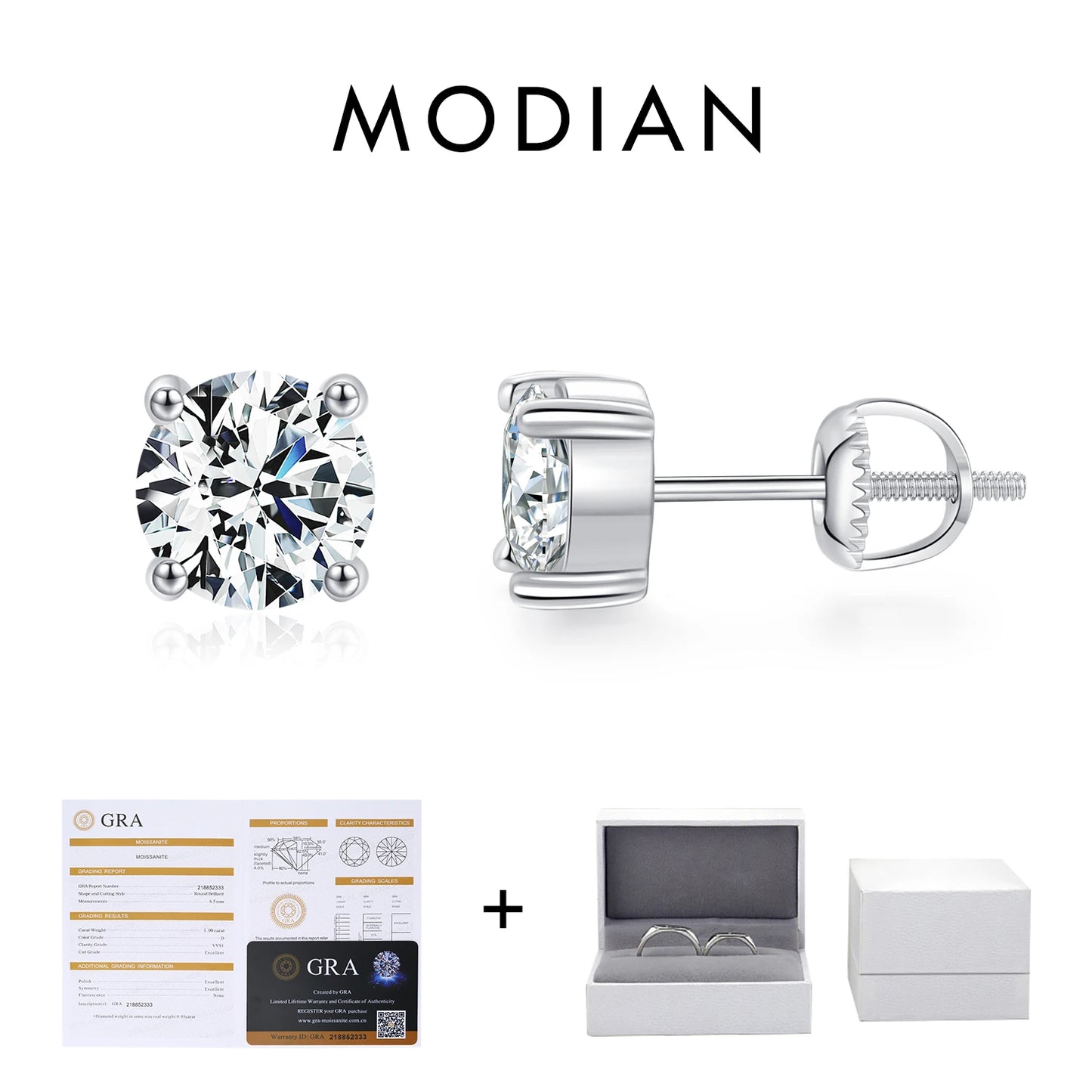 MODIAN 1.00Ct 2.00Ct Moissanite D Color Lab Diamond Stud Earrings For Women 925 Sterling Silver Basic Design Wedding Jewelry