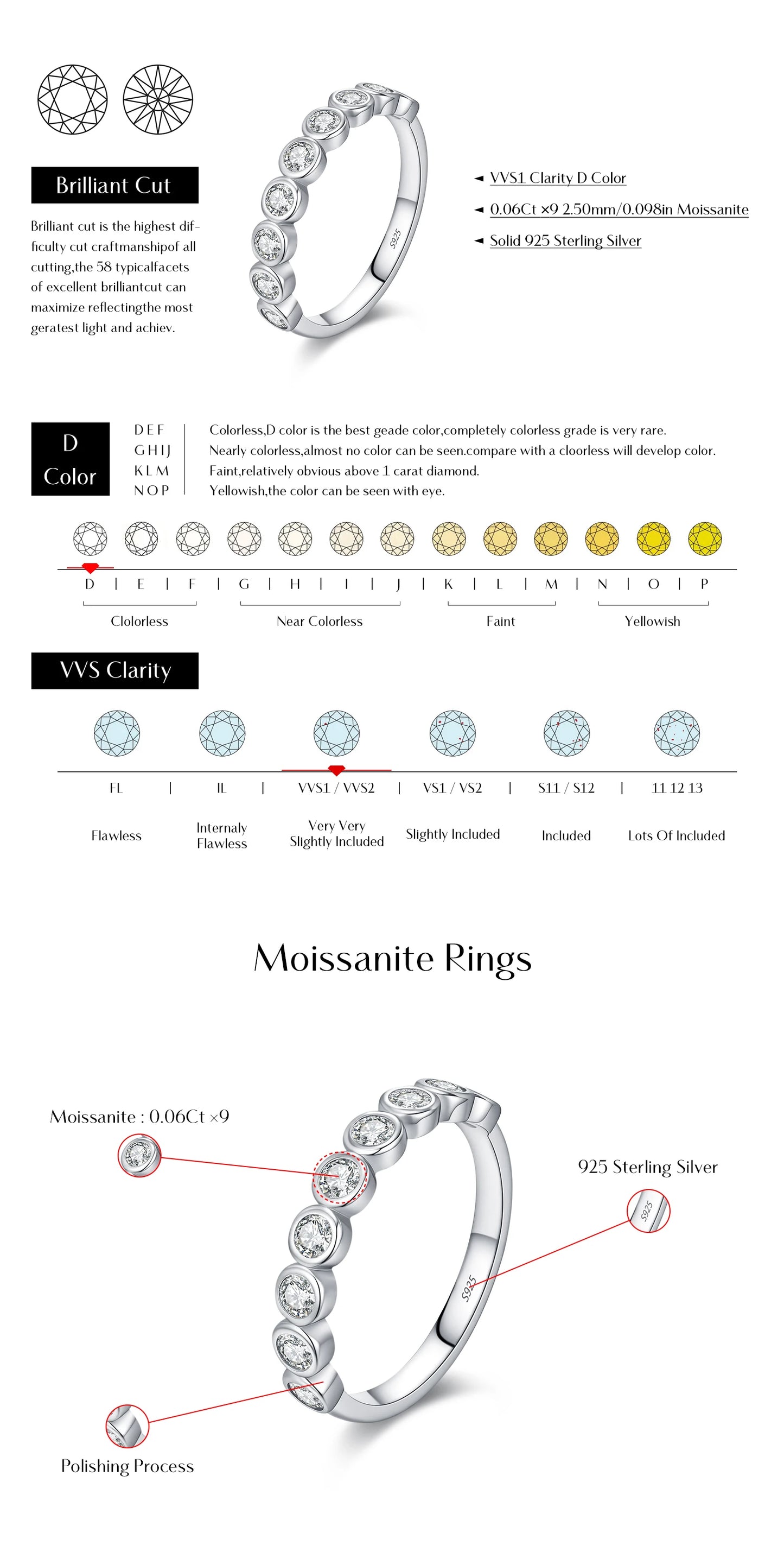 MODIAN D Color Round Moissanite Eternity Ring 925 Sterling Silver Stackable Finger Rings For Women Wedding Fine Jewelry Gifts