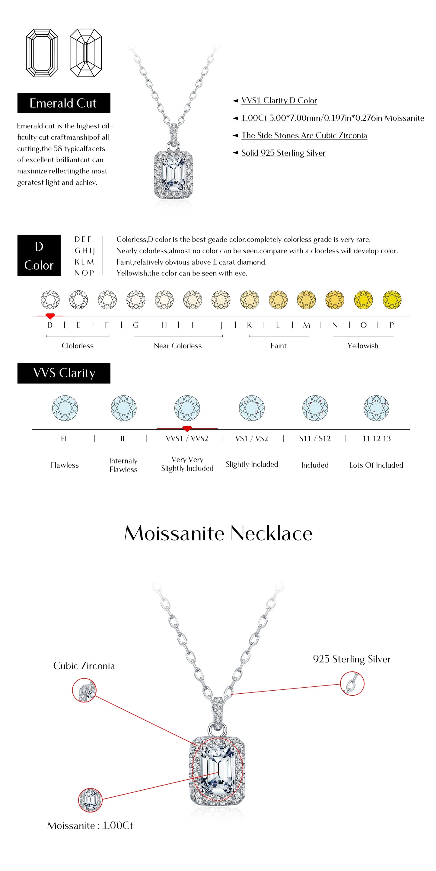 MODIAN 1CT D Color Emerald Cut Moissanite Halo Necklace 925 Sterling Silver Rectangle Wedding Pendant Necklace For Women Jewelry