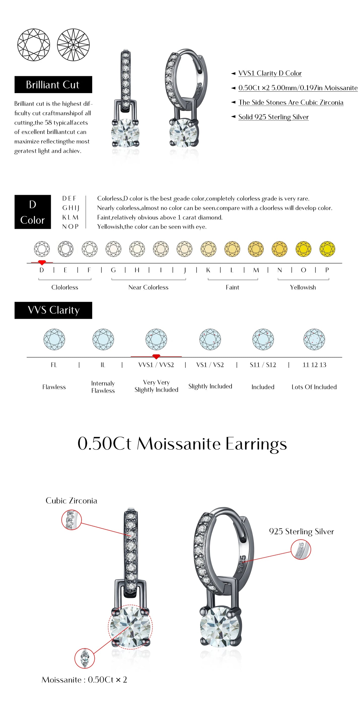MODIAN 0.5Ct D Color Light Green Moissanite Swing Hoop Earrings 925 Sterling Silver Black Punk Ear Buckles for Women Jewelry