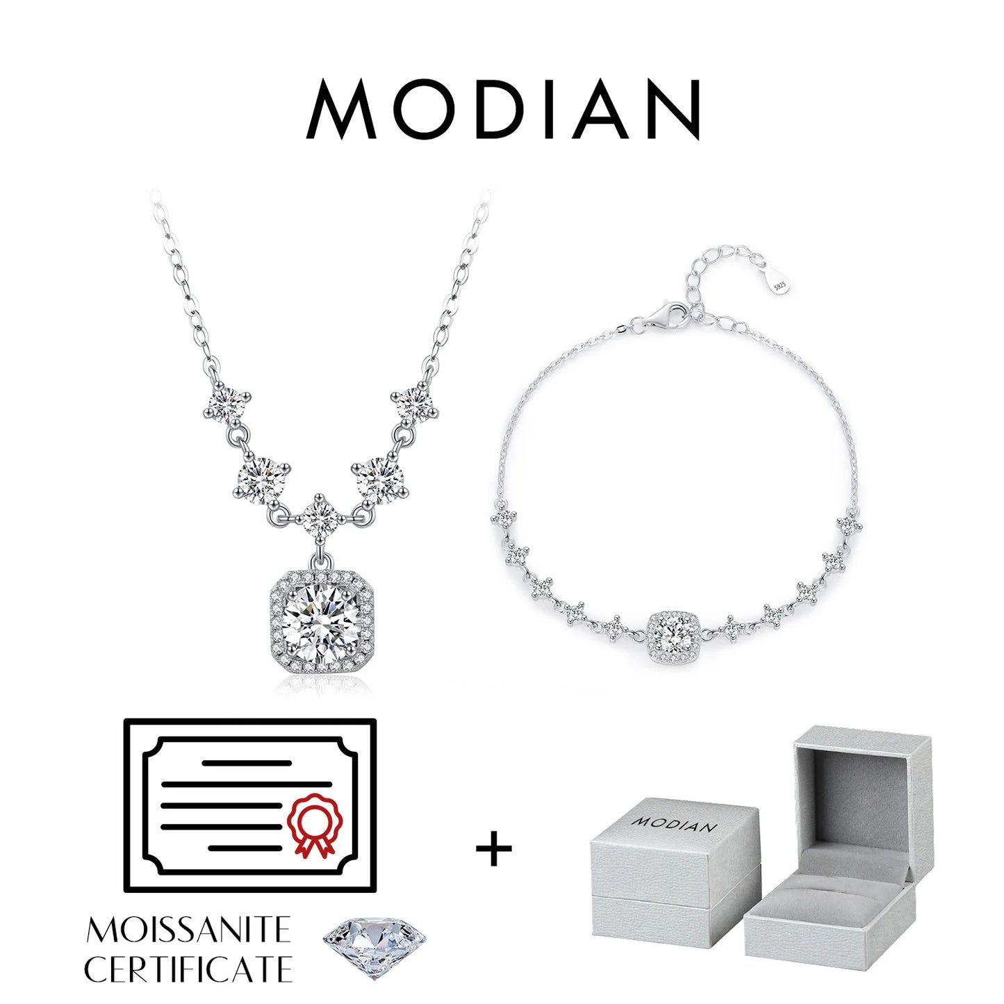 MODIAN D Color Moissanite 925 Sterling Silver Luxury Geometric Charm Necklace Bracelet For Women Wedding Statement Jewelry Set