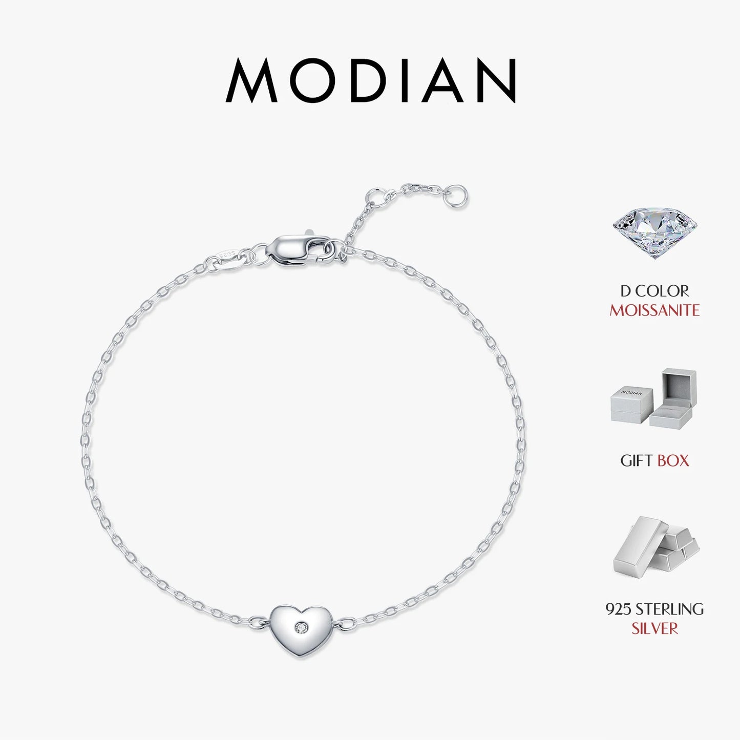 MODIAN D Color Moissanite Bracelet 925 Sterling Silver Simple Heart Daily Link Chain Bracelet For Women Fine Jewelry With Box
