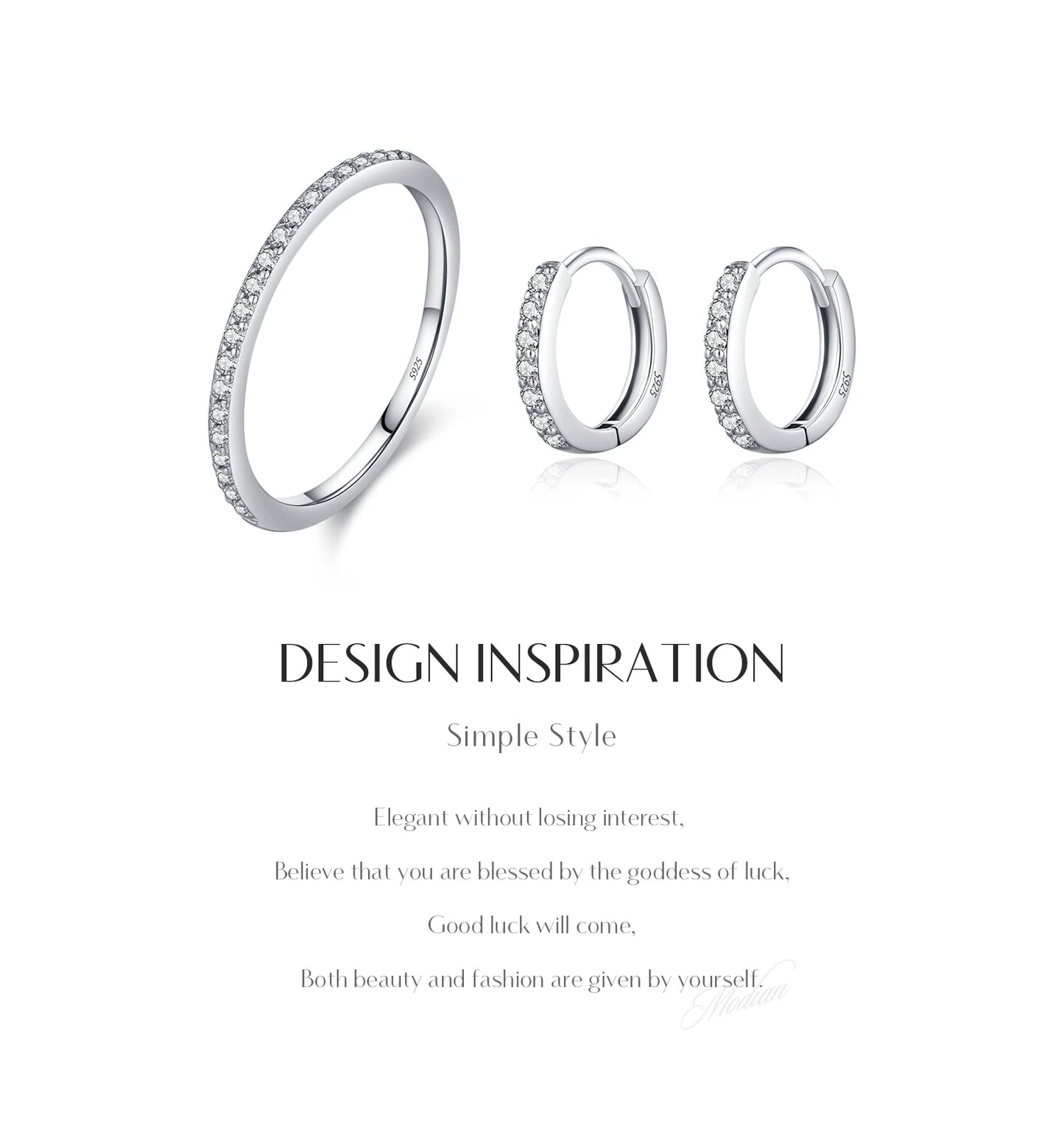 MODIAN D Color Moissanite 925 Sterling Silver Classic Simple Round Hoop Earrings Ring For Women Daily Fine Jewelry Set