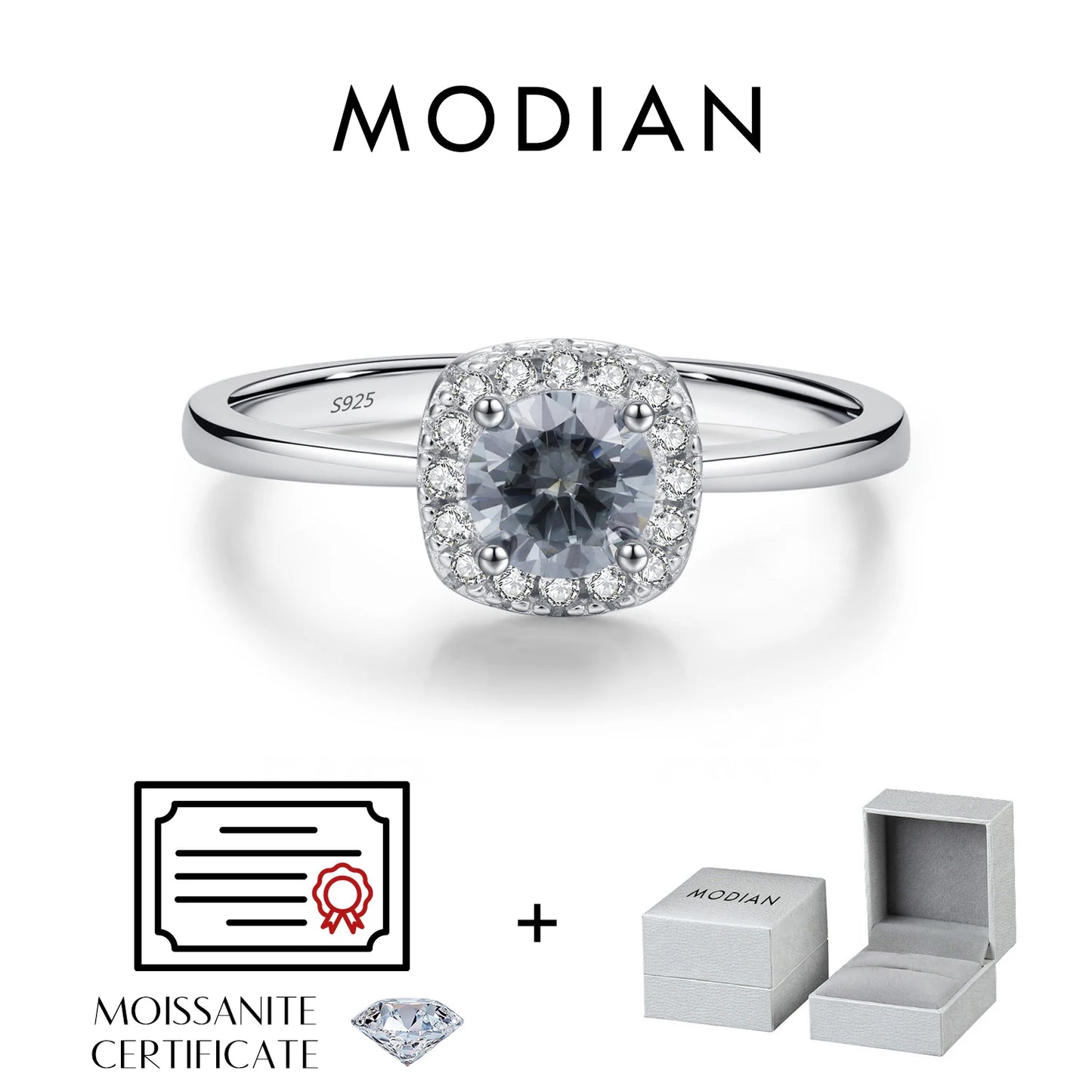 MODIAN D Color Gray Moissanite Rings 925 Sterling Silver Fashion Sparkle Square Halo Ring For Women Wedding Fine Jewelry Gift