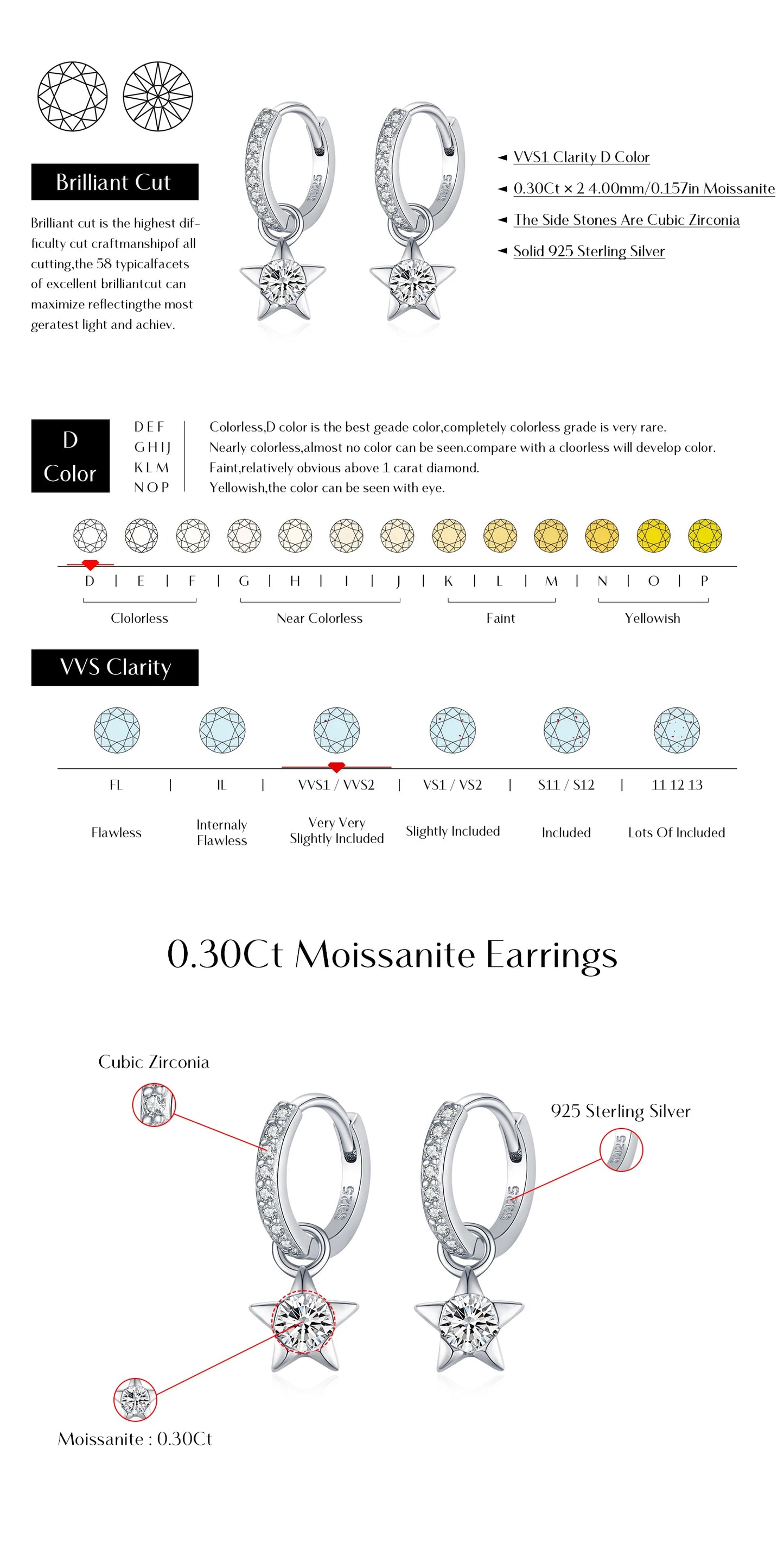 MODIAN D Color Round Moissanite Ear Buckles 925 Sterling Silver Fashion Stars Hoop Earrings For Women Wedding Jewelry Gifts
