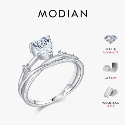 MODIAN 0.8CT D Color Heart Moissanite 925 Sterling Silver Line Multi-layer Rings For Women Romantic Wedding Fine Jewelry Gifts