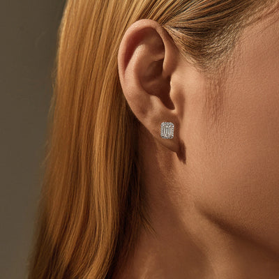 MODIAN Emerald Cut Moissanite Ear Studs 925 Sterling Silver Classic Luxury Halo Earrings For Women Wedding Fine Jewelry Gift